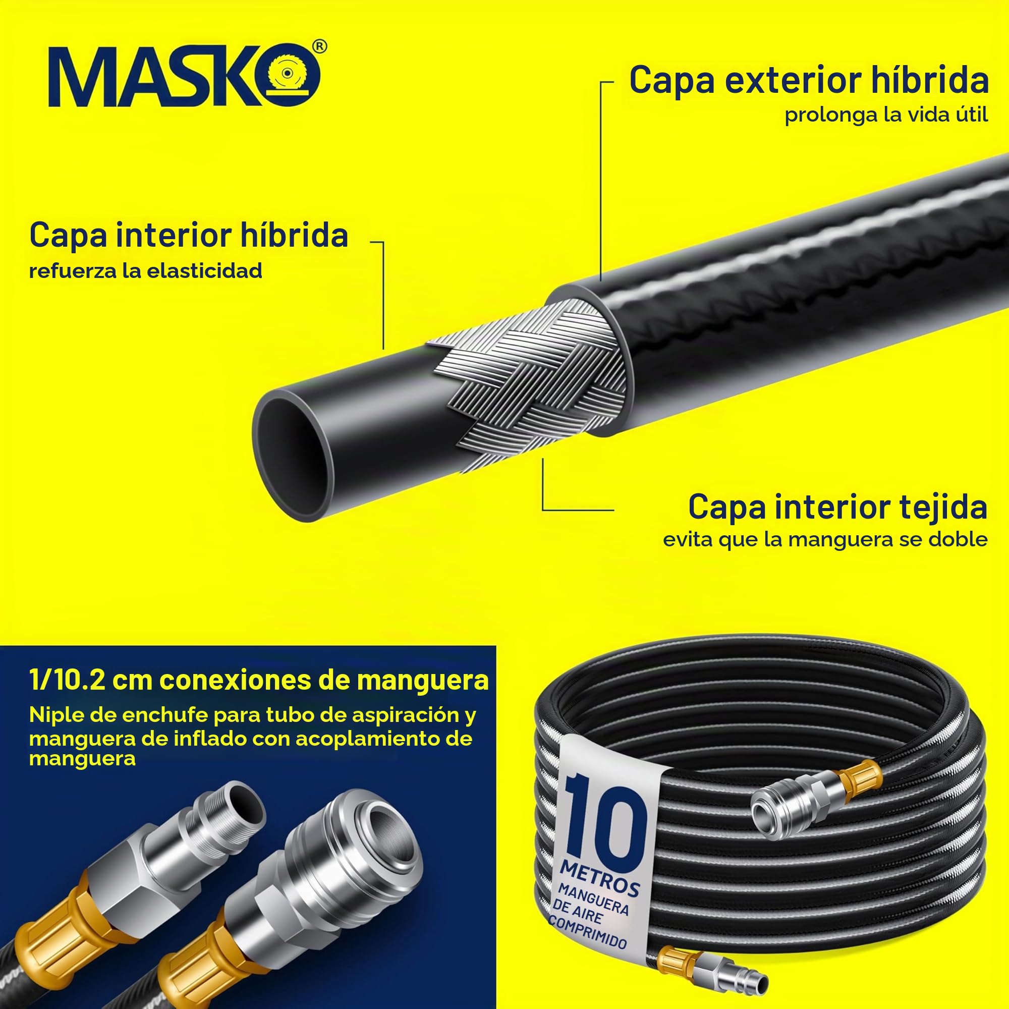MASKO® Enrollador de manguera de aire comprimido automática, Conexión 1/4, Enrollador de mangueras, Soporte de mangueras montado en la pared, Enrollador de mangueras de aire comprimido, azul, 10m