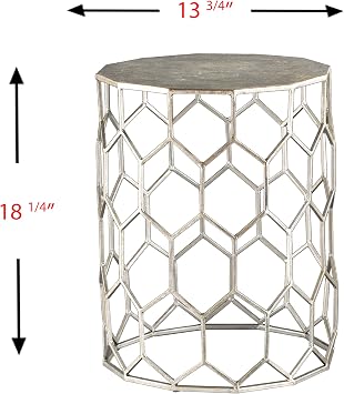 SEI Furniture Clarissa Metal Honeycomb Accent Table, Geometric Style Round Console Table With Faux Leather Top for Living Room, Silver, 13.75 in x 13.75 in x 18.25 in