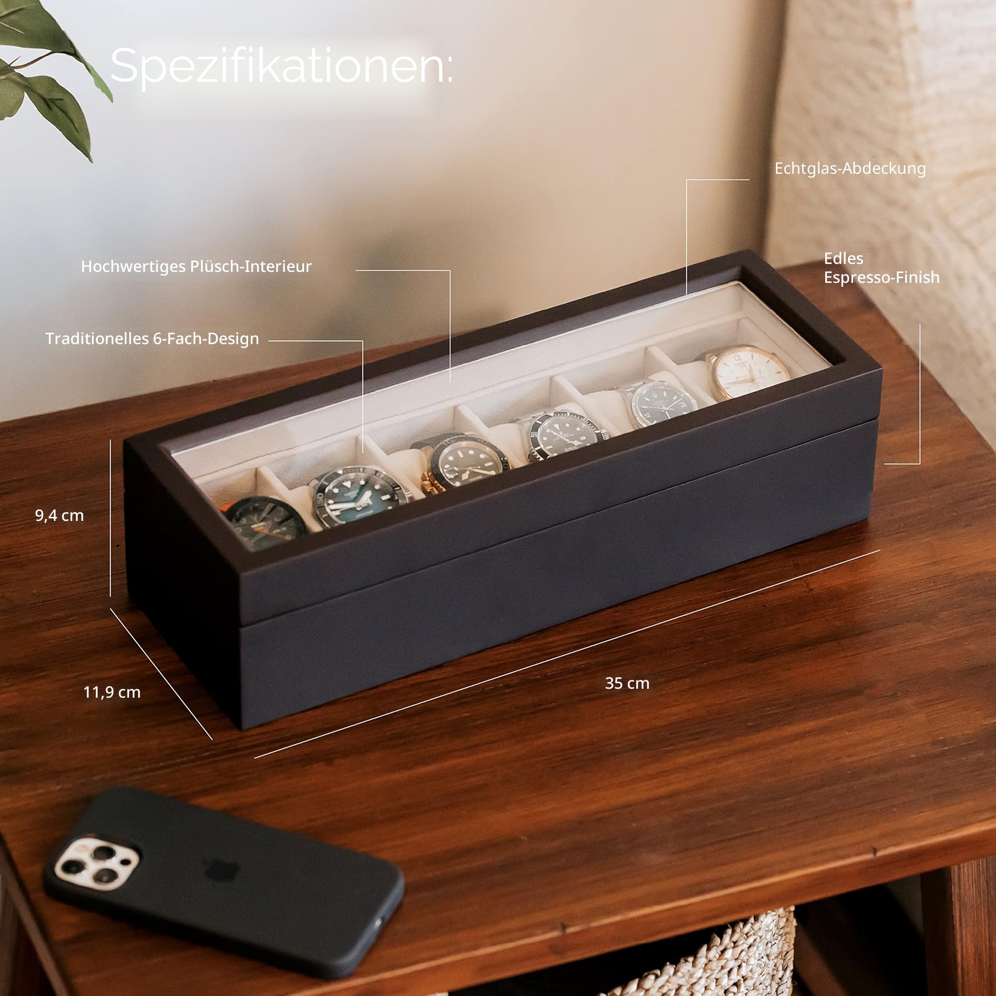 CASE ELEGANCE Edle Uhrenbox aus Echtholz für 6 Uhren mit Glasfenster | Uhrengehäuse, Massivholz, Magnetverschluss, Kissenständer