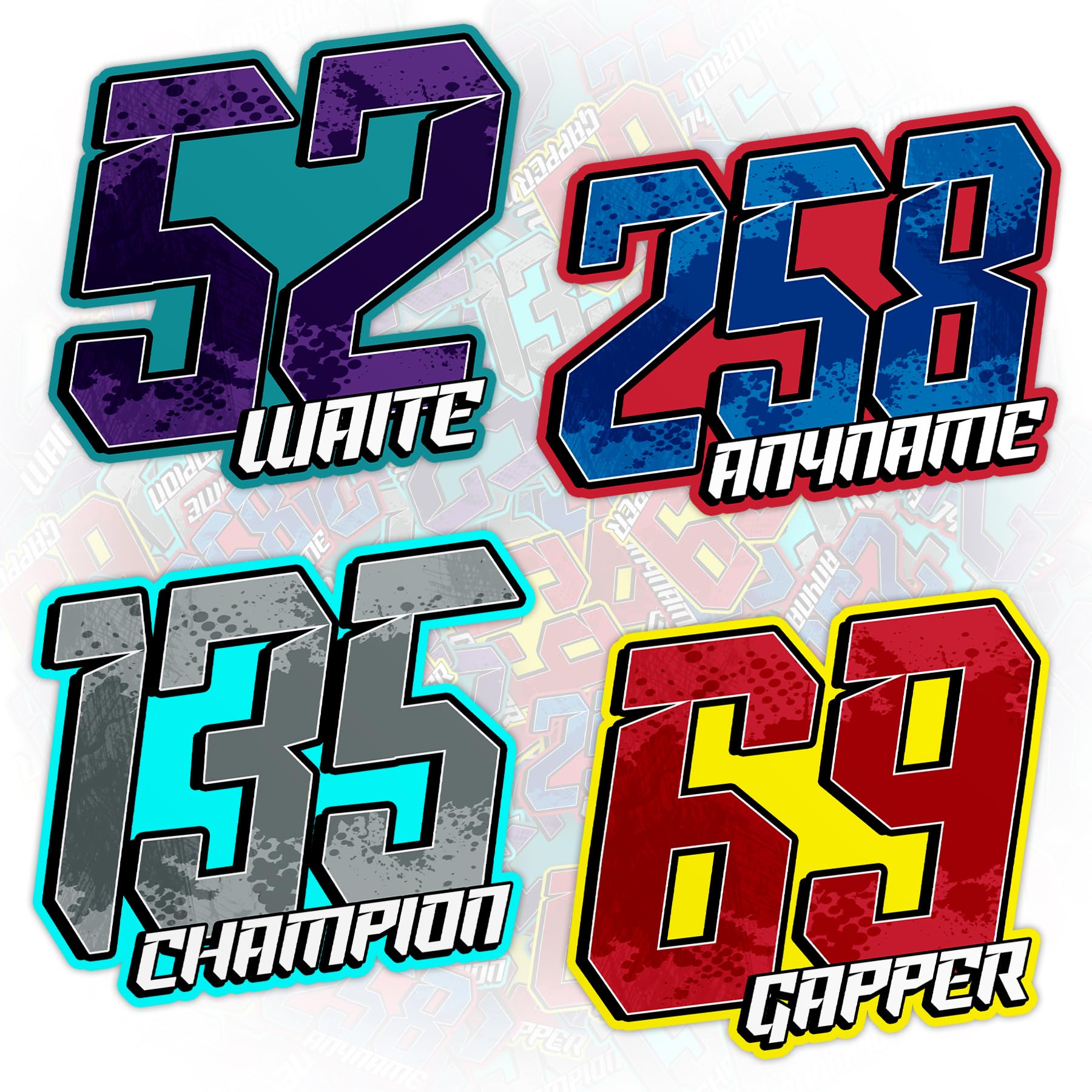 Custom Racing Graphics Sticker Personalized Name Number Motocross Decal | Waterproof Vinyl Race Decal with Custom Size, Number and Colors for Dirt Bike, Car, Motorcycle, RC Racing