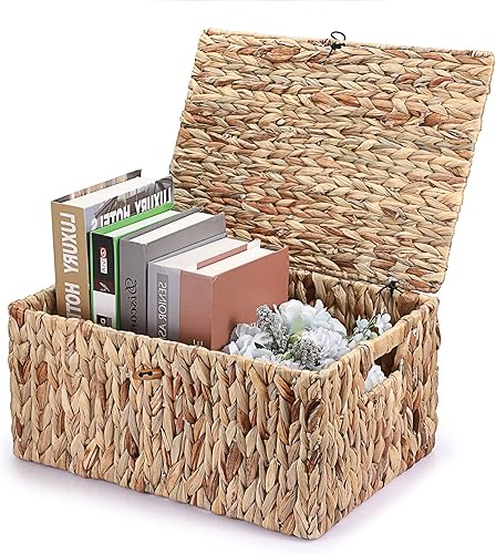 Vista 9 de Hipiwe Cajas de almacenamiento de mimbre con tapa, cestas rectangulares decorativas de jacinto de agua trenzada a mano extragrandes con asas