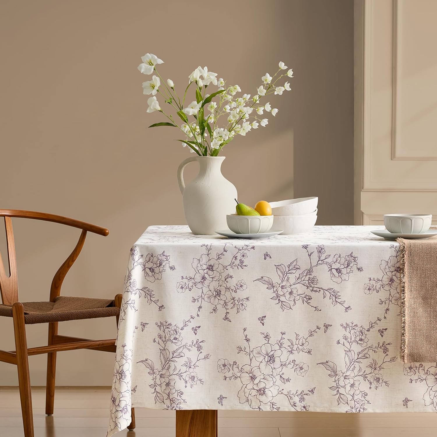 Rustic Linen Rectangle Tablecloth 55x84 Inch Floral Table Cloth with Purple Flowers Pattern Burlap Textured Farmhouse French Vintage Outdoor Table Cover for Picnic,Dining,Party,Home Decor - Image 4