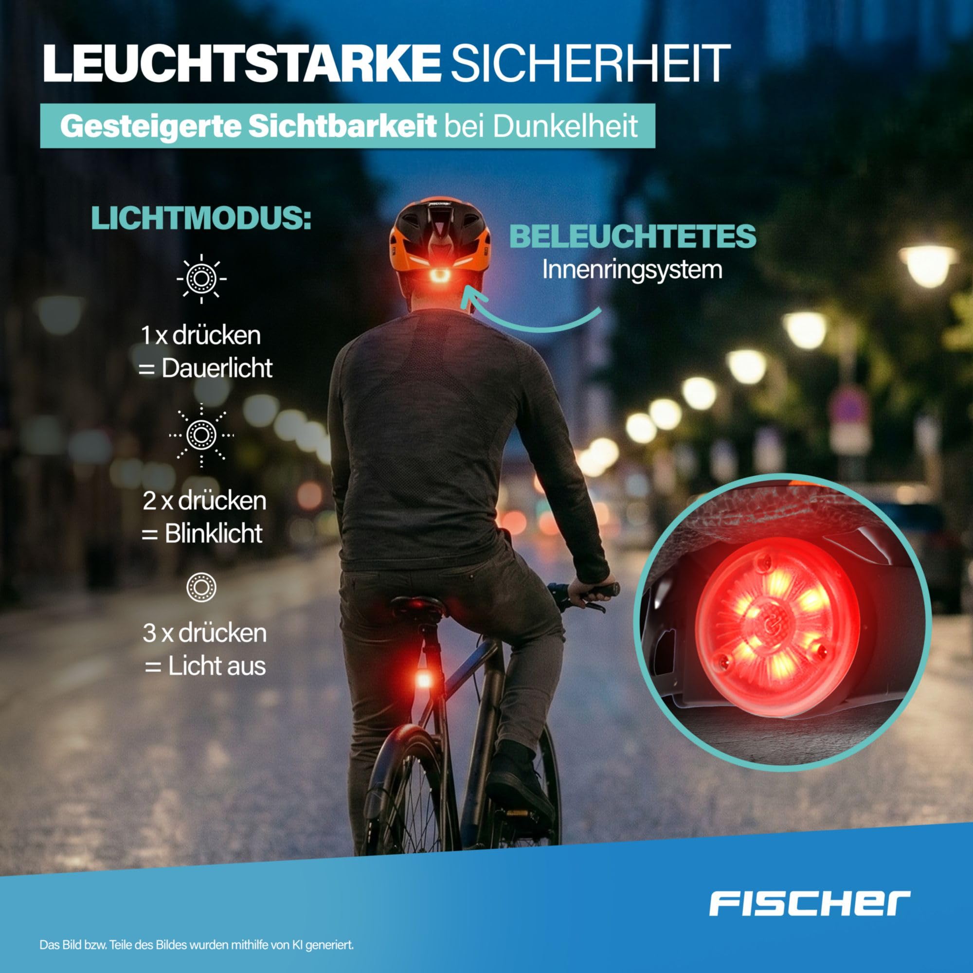 FISCHER Kask rowerowy dla dorosłych, kask rowerowy miejski, rozmiar S/M, 52-59 cm, pomarańczowy, z podświetlanym systemem pierścienia wewnętrznego