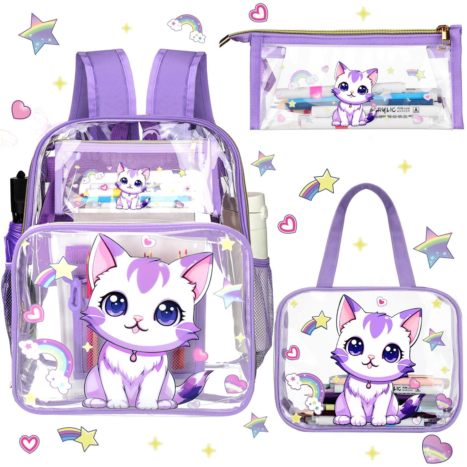 Kacctyen 3 Pcs Clear Backpack Heavy Duty Clear Bookbag Transparent Backpack with Lunch Bag(Purple,Cat)