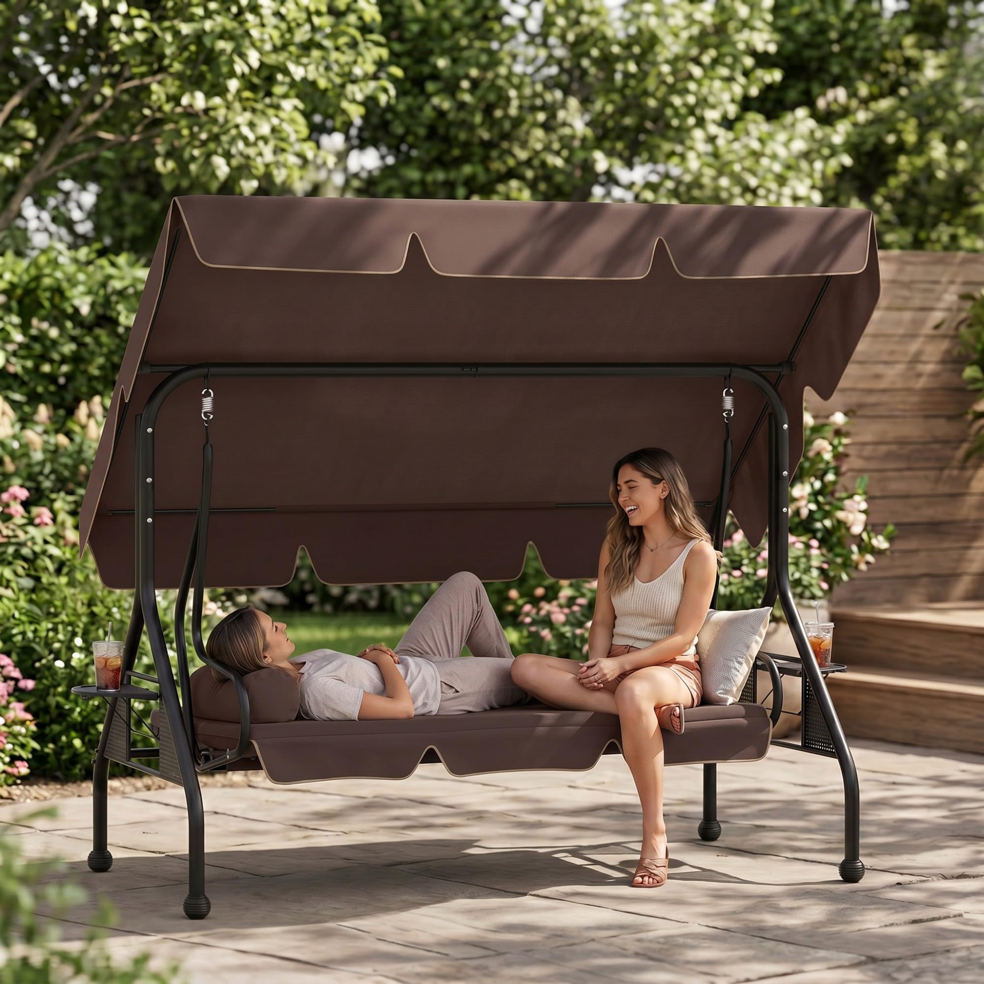 3-Sitzer Hollywoodschaukel 2in1 Sitz- und Liegeschaukel für Garten, verstellbare Liegefunktion mit Sonnendach und gepolsterter Sitzfläche Stahlrahmen bis 350 kg Belastbarkeit, Dunkelbraun