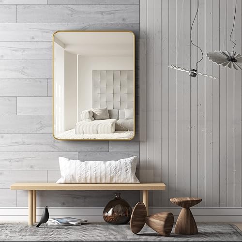 Espejo rectangular dorado de 16 x 24 pulgadas para decoración de pared, marco de metal, esquina redonda, espejo rectangular mate (horizontalvertical)