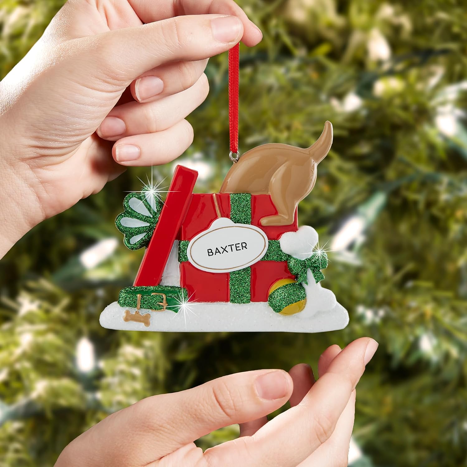 Personalization Universe Dog Present Personalized Christmas Ornament, Handcrafted Resin Decoration with Glitter Accents, Customizable with 2 Lines of Text, Christmas Tree Decoration for Dog Lovers