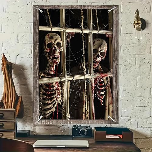 Miniatura 9 de Pancarta de ventana de Halloween de 31 x 47 pulgadas, cubierta de ventana embrujada, fantasma podrido mirando a través de ventanas viejas y sucias