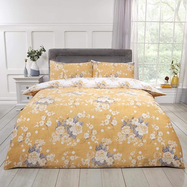 Dreamscene English Rose Duvet Cover with Pillow Case Reversible Floral Bedding Set, Ochre Yellow Mustard White Grey - Double Size