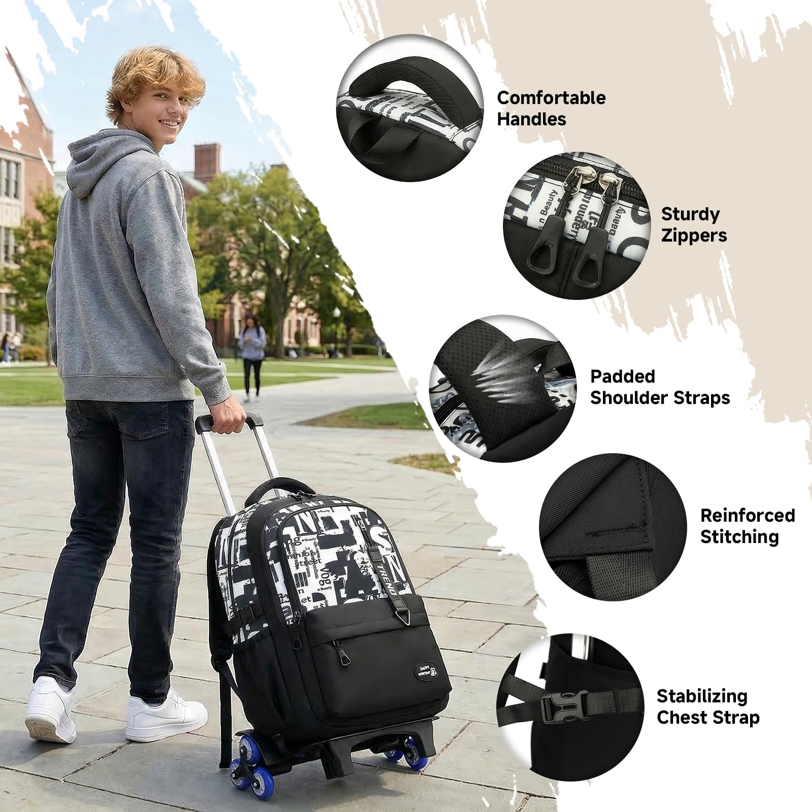 Amythe Zaino Trolley Ragazzi 10-24 Anni – Cartella con Ruote 6 Ruote per Scuola Media e Superiore – Grande Zaino Casual da Viaggio per PC 15.6 Pollici – Rientro a Scuola e Natale