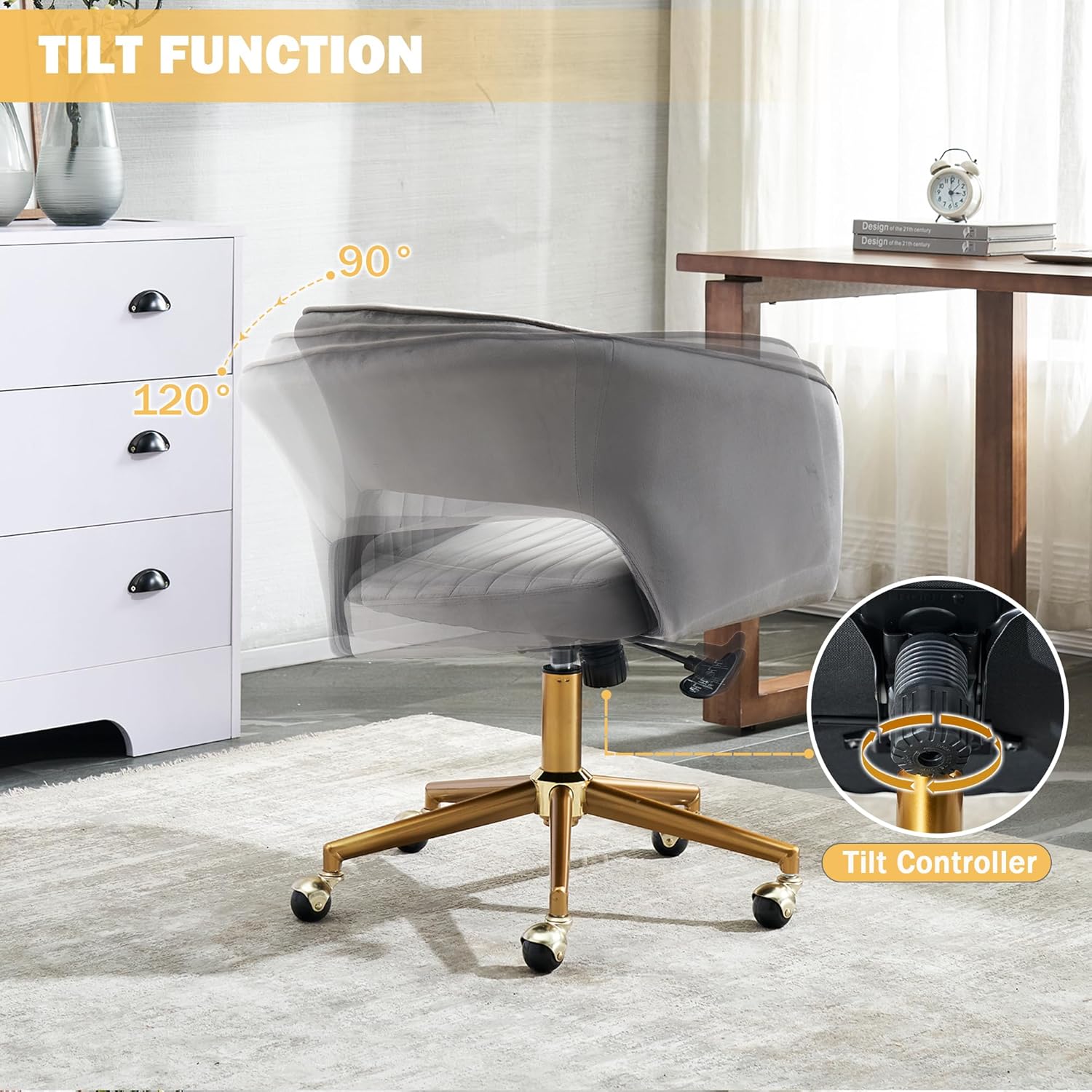 Kiztir Vanity Chair with Wheels, Criss Cross Velvet Vanity Chair with Back Modern Home Office Desk Chair Swivel Accent Chair for Bedroom Living Room (Gray)