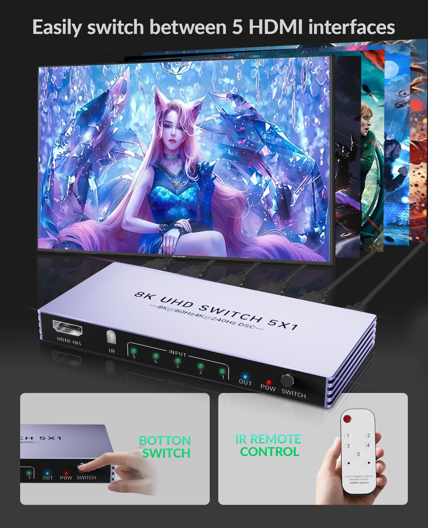 8K HDMI Splitter 4K 240Hz HDMI Switch 5 in 1 Out – 5 Port Umschalter mit Remote 8K@60Hz 4K@240Hz HDR10+ HDMI2.1 3D CEC HDR HDCP2.3, für PS5/4/3 DVD-Player Nintendo Roku PC Fire Stick TV Xbox Switch