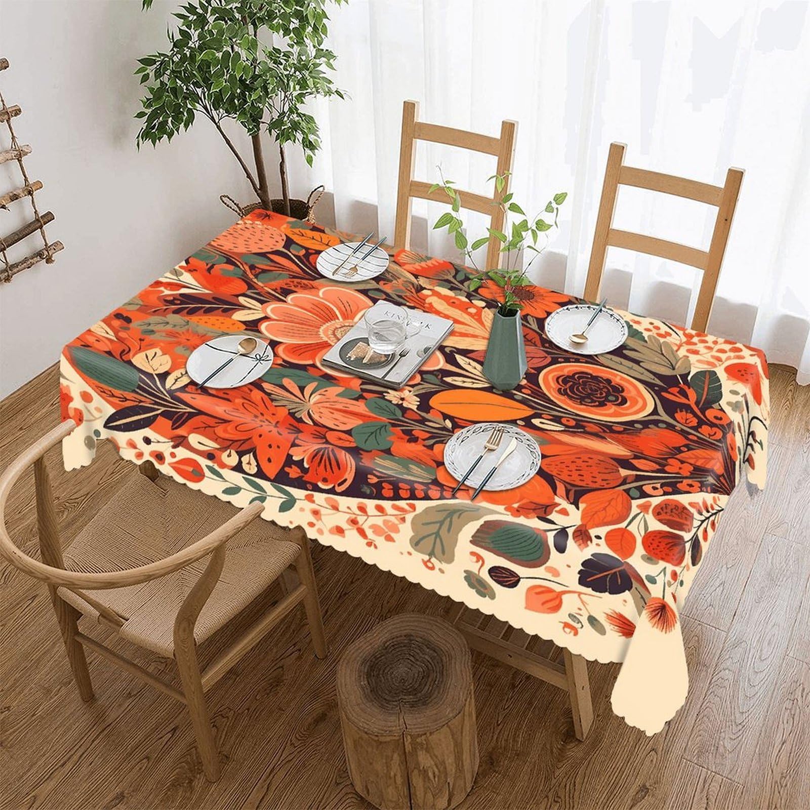 Fekiloot Style Folk Flowers Tablecloths Heavy Duty Washable Fabric,Birthday Tablecloth-Wavy Edge Design,Polyester Table Cloth For Restaurant,Picnic,Indoor And Outdoor Dining60 X86