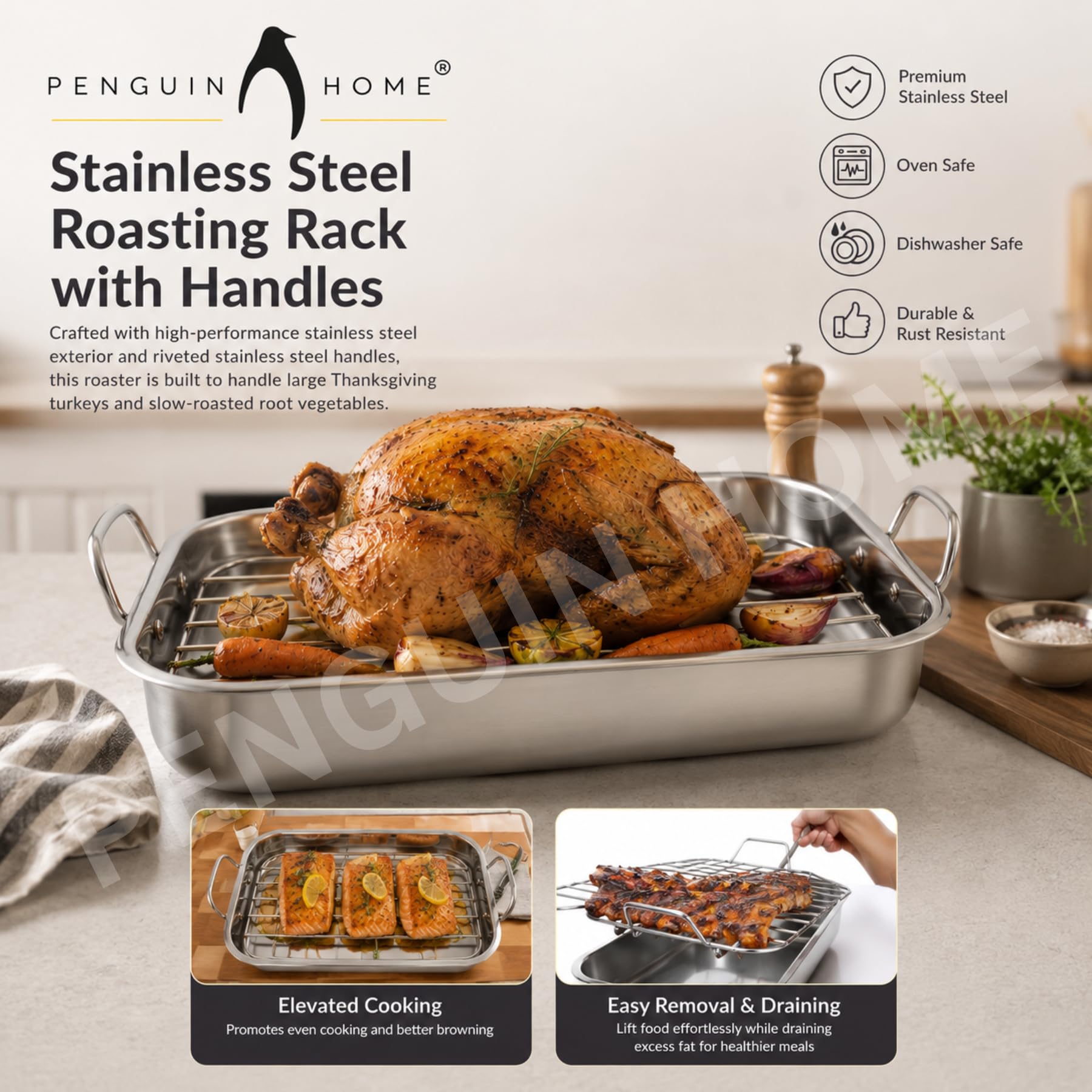 Penguin Home Premium Bräter aus Edelstahl mit Rost - Kompatibel mit allen Herdarten außer Induktion - Stabil und strapazierfähig - Abnehmbarer Grill, Bräter mit Griffen - Groß 37 x 28 cm…