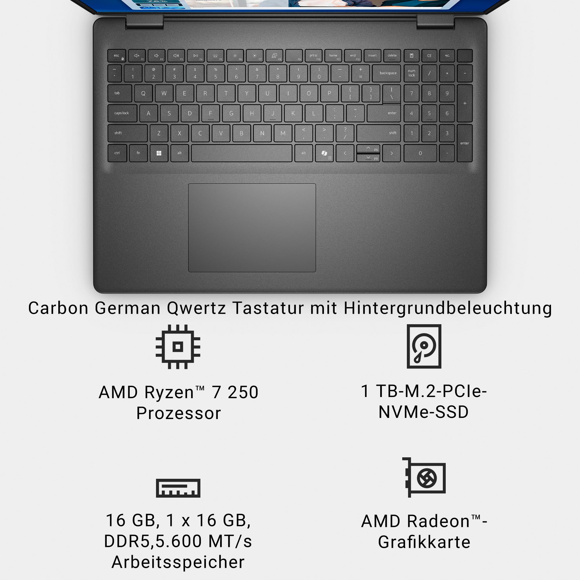 Dell 16 Laptop DC16255, 16 Zoll 2K WVA entspiegelt 16:10, AMD Ryzen 7 250, 16GB DDR5, 1TB SSD, AMD Radeon, Windows 11 Home, QWERTZ beleuchtet, Carbon Black (Netzteil separat erhältlich)