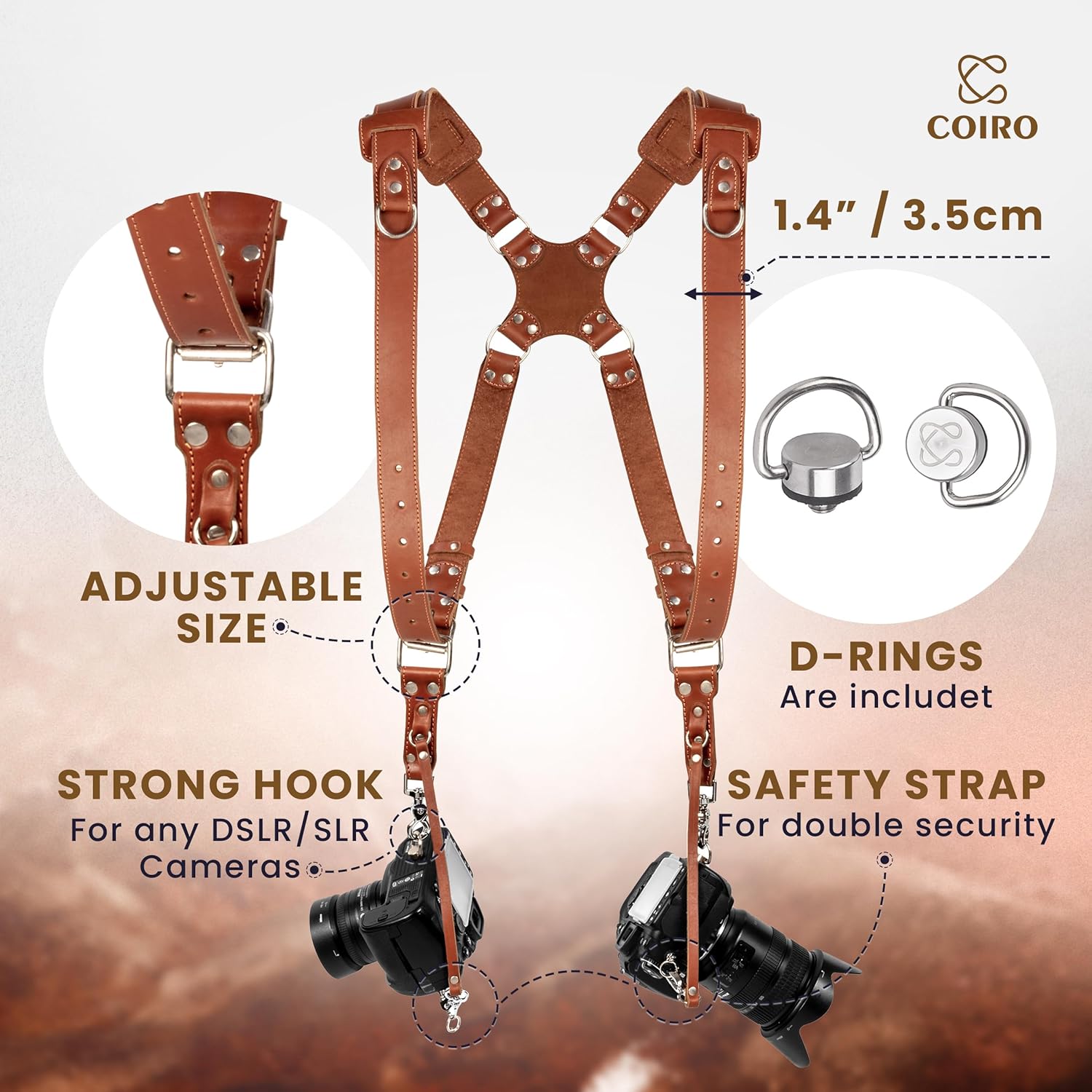 C Coiro Camera Harness for 2 Cameras Dual Shoulder Leather Camera Strap for DSLR/SLR, Camera Straps for Photographers - Image 2