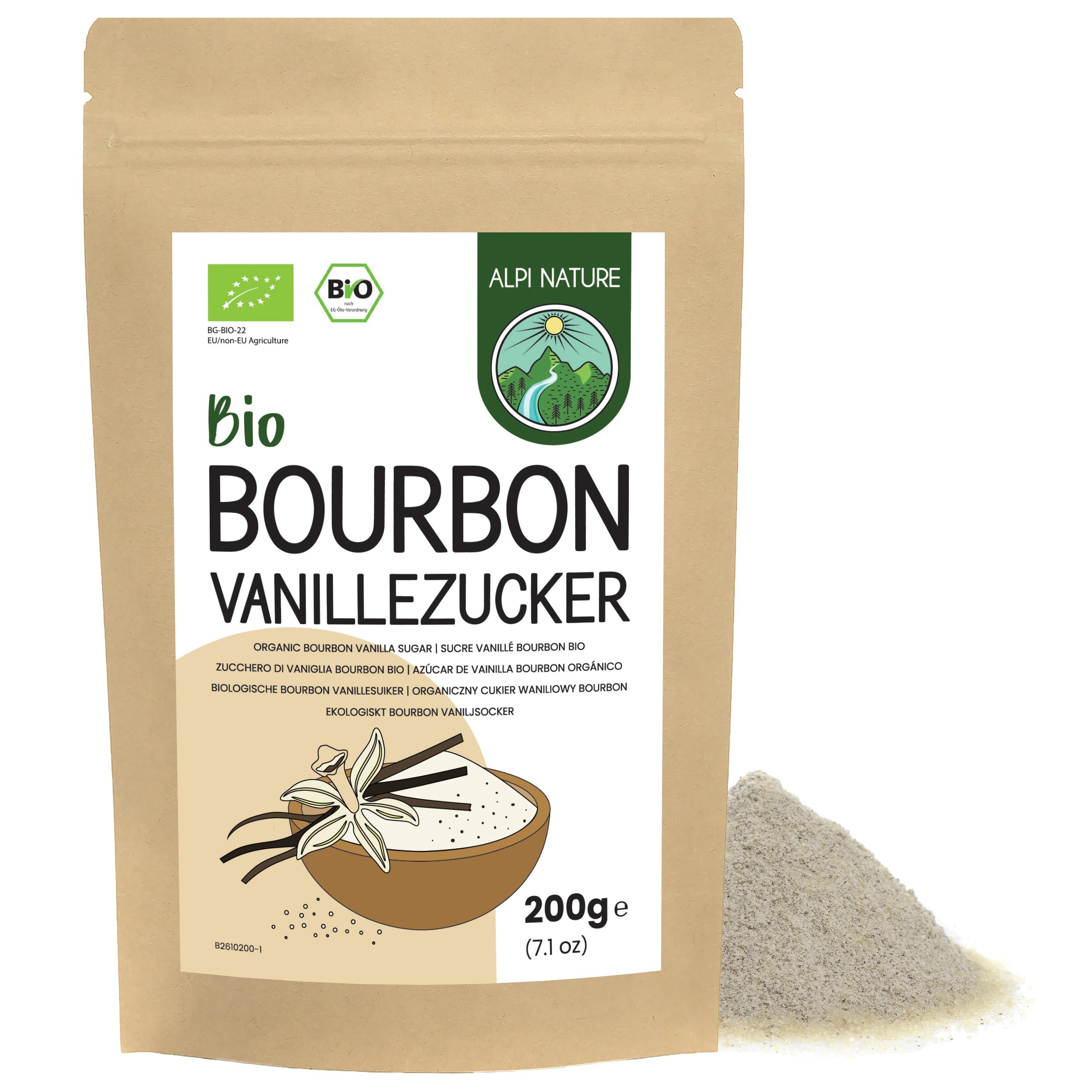 Alpi Nature Ekologiczny Cukier Waniliowy Bourbon 200g, Premium Mieszanka Cukru Pudru i Wanilią z Madagaskaru | Cukier pudrowy premium i cukier trzcinowy z mielonymi ziarnami wanilii Madagaskar, idealny do wypieków, deserów i dodatków