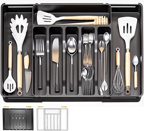 Bandeja organizadora de cajones de cubiertos, organizador grande de utensilios expandible de grado alimenticio para cubiertos de cocina y cubiertos,