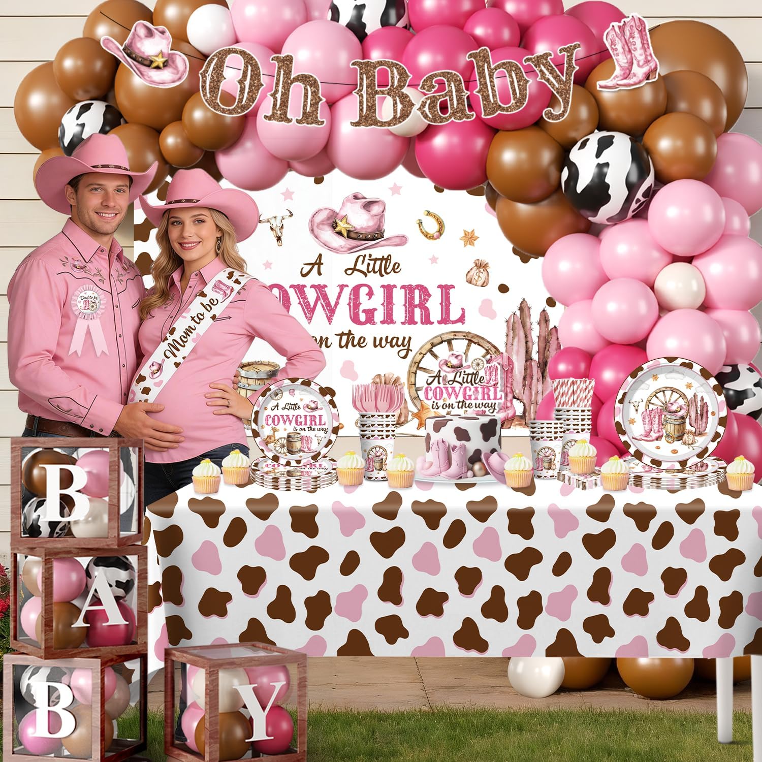 266pcs Cowgirl Baby Shower Decorations for 25 guests, Worry-free One-stop Set Includes Thick Plates Backdrop Sash and Badge, Western Baby Shower Decorations for Girl