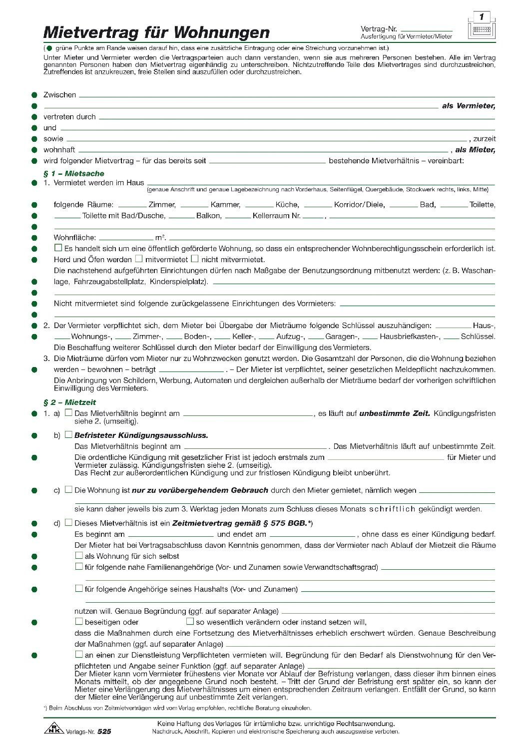 525/10 Vertragsformular Mietvertrag für Wohnungen - 20 Stück, DIN A4, 210 x 297 mm, 3 B (2)