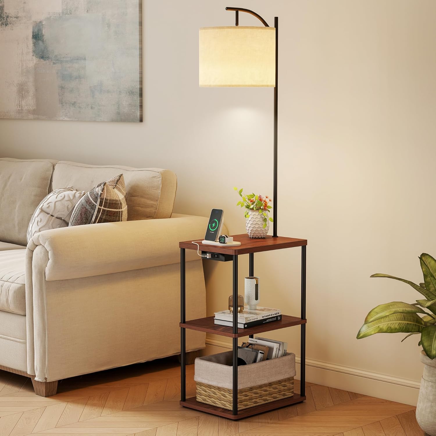 Floor Lamp with Charging Station, 3-Color Temperature LED Bulb (3000K Warm 4500K Natural 6000K Cool), Standing Light with USB & Type-C Ports, for Living Room Bedroom Office Dorm
