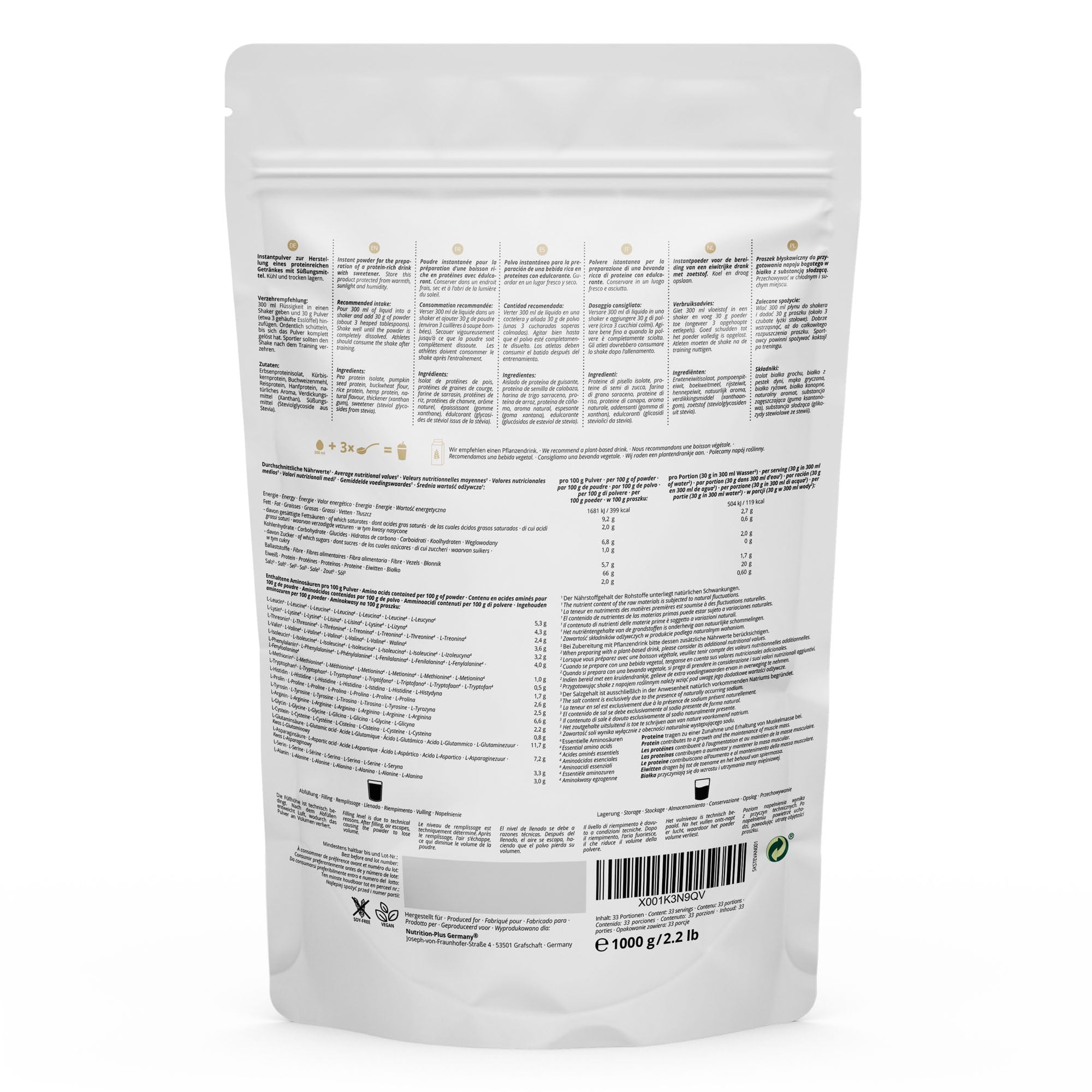 Proteine vegane - Vaniglia - Proteina vegan in polvere senza sucralosio e soia - Proteine in polvere a base di riso, piselli, canapa, grano saraceno e semi di zucca - 1kg