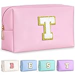 TOPEAST Dorm Room Essentials for Girls - Pink Initial Makeup Bag, College Essentials PU Leather Bag | Travel Car Essentials | Cute Stuff Birthday Gift for Friends Sister (Pink T)