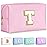 TOPEAST Dorm Room Essentials for Girls - Pink Initial Makeup Bag, College Essentials PU Leather Bag | Travel Car Essentials | Cute Stuff Birthday Gift for Friends Sister (Pink T)