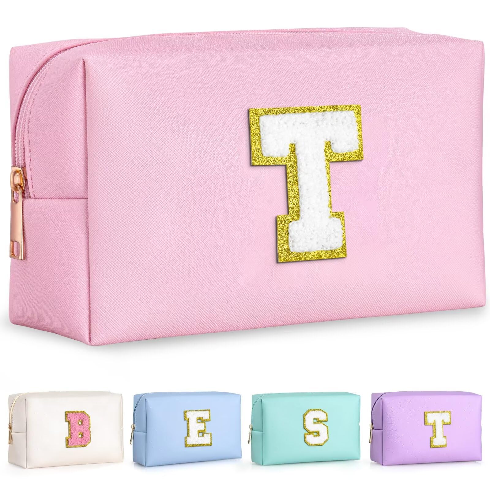 TOPEAST Dorm Room Essentials for Girls - Pink Initial Makeup Bag, College Essentials PU Leather Bag | Travel Car Essentials | Cute Stuff Birthday Gift