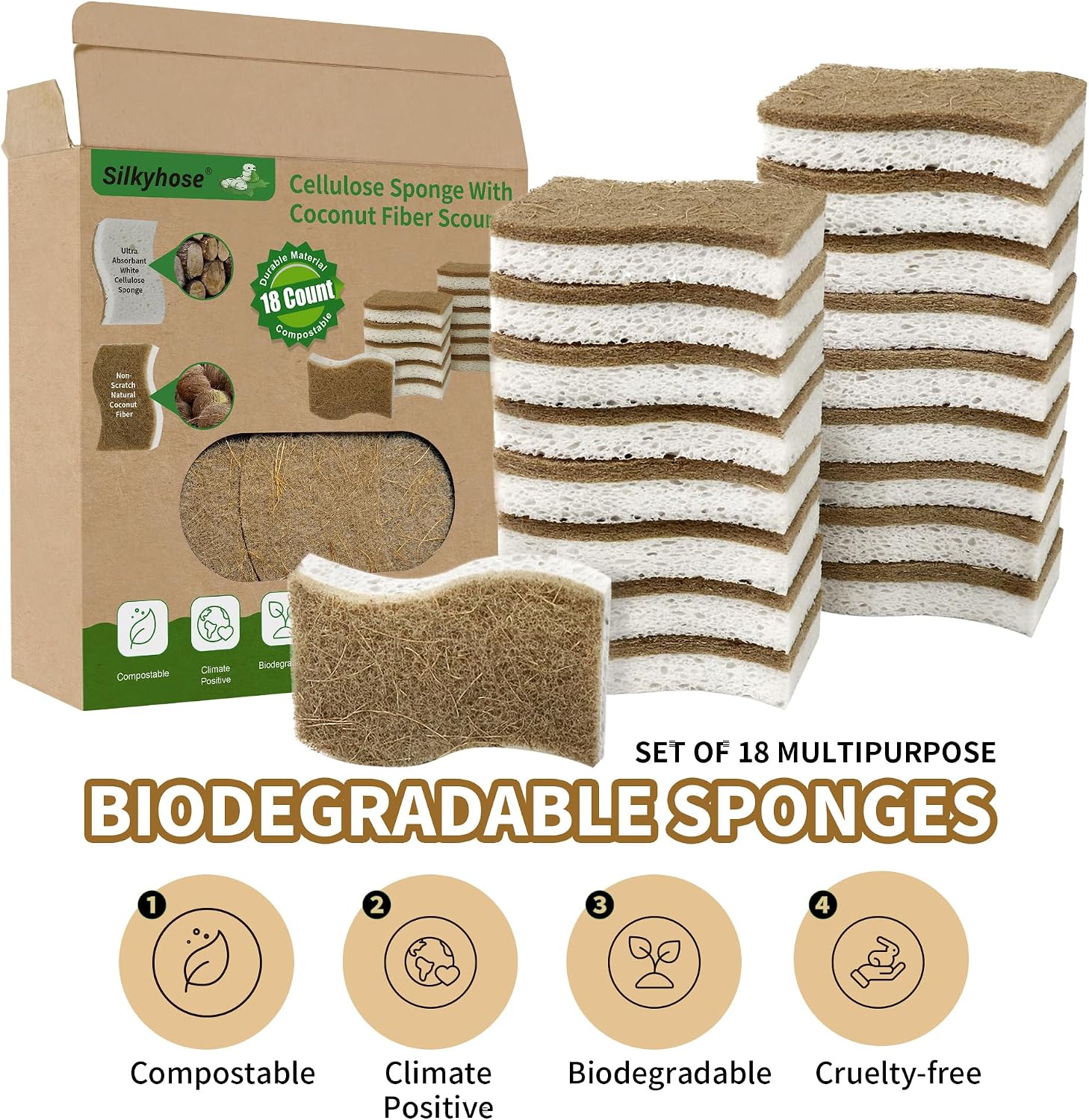 Silkyhose 18 Pack Natural Kitchen Sponges, Cellulose Coconut & Non-Scratch image 3
