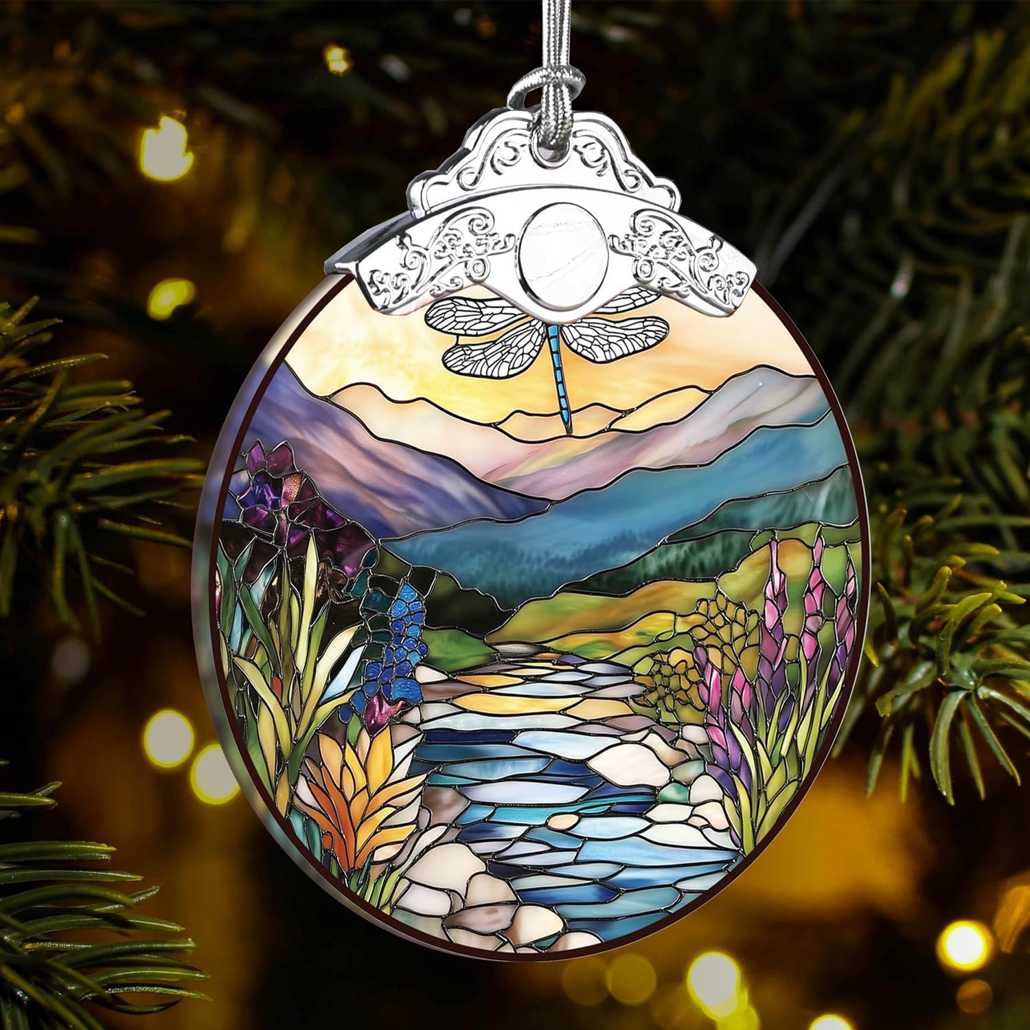 Christmas Tree Ornament, Stained Glass Style Hanging Decoration and Acrylic Window Suncatcher, Dragonfly and Mountain River Design, for Family Friends - Image 3