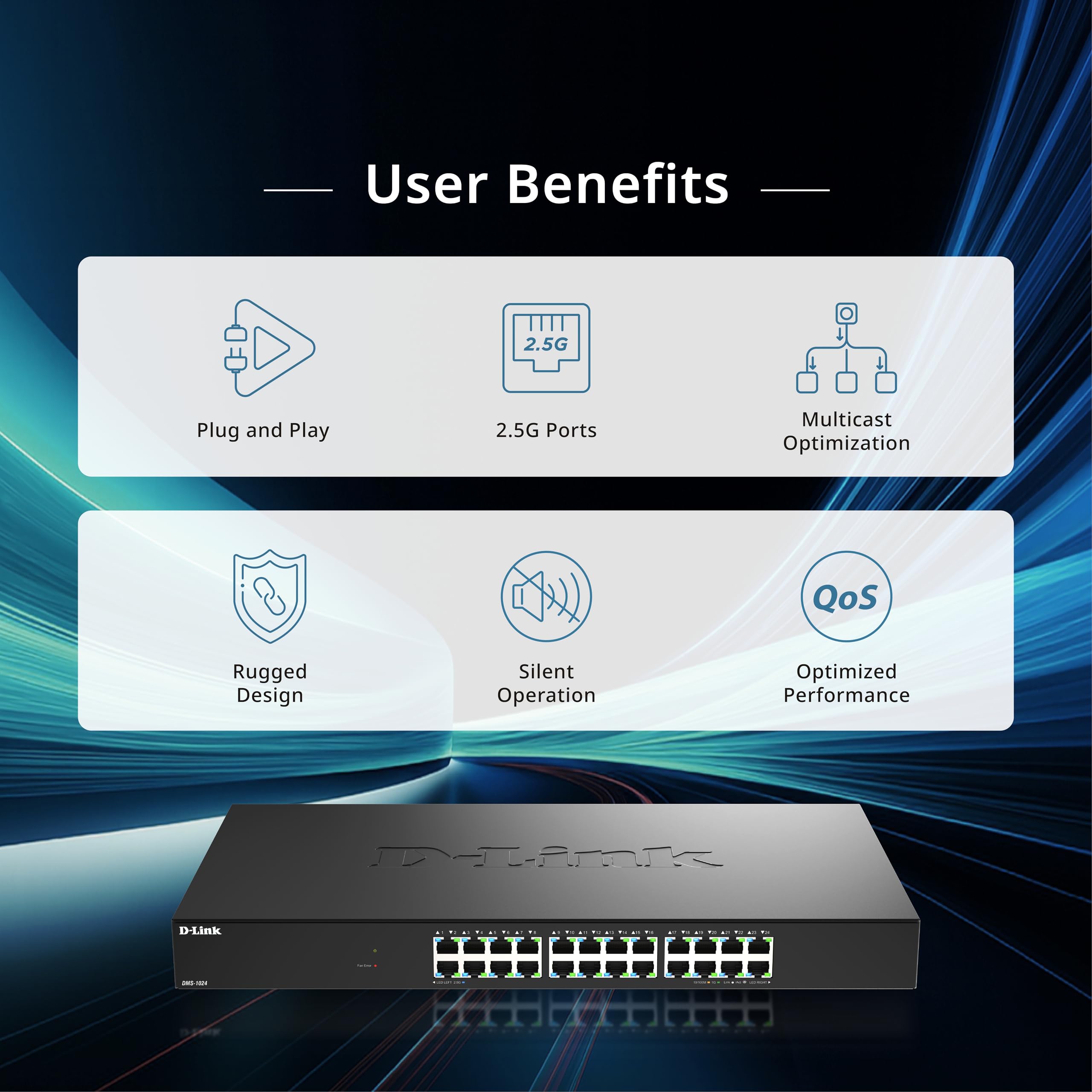 D-Link Commutateur non géré DMS-1024 ports multi-Gigabit - Ethernet 2.5G, plug-and-play, QoS, Snooping IGMP, EEE, boîtier métallique, montable en rack, fonctionnement silencieux