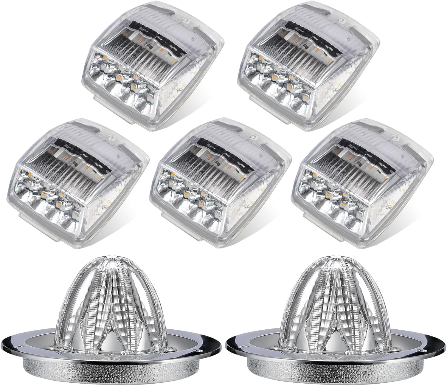 Partsam 5Pc 17LED Dual Color Square Cab Marker Roof Running Top Light + 2pcs 3.5" Dual Color Amber/Blue 16LED Watermelon Lights for Semi Truck with Plastic Chrome Mount Bezel