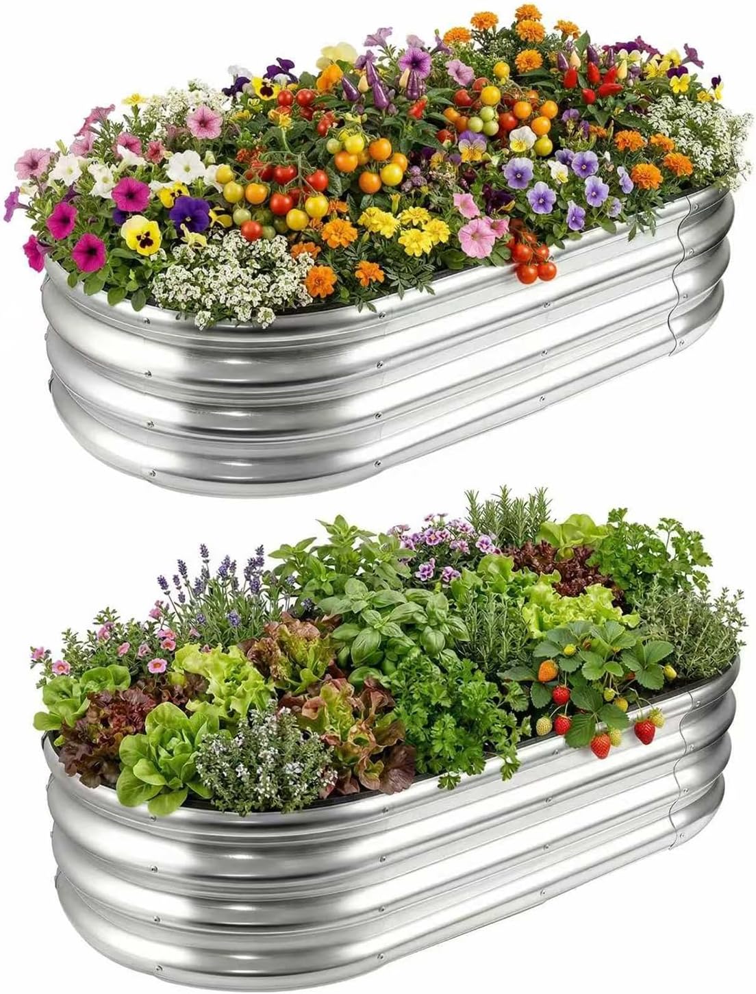 Large Galvanized Raised Garden Bed, Heavy Duty Oval Metal Planter Box for Outdoors, Rust-Resistant Outdoor Planting Pot for Backyard Vegetables & Flowers, Silver (2, 47.24 x 23.62 x 11.81 inch)