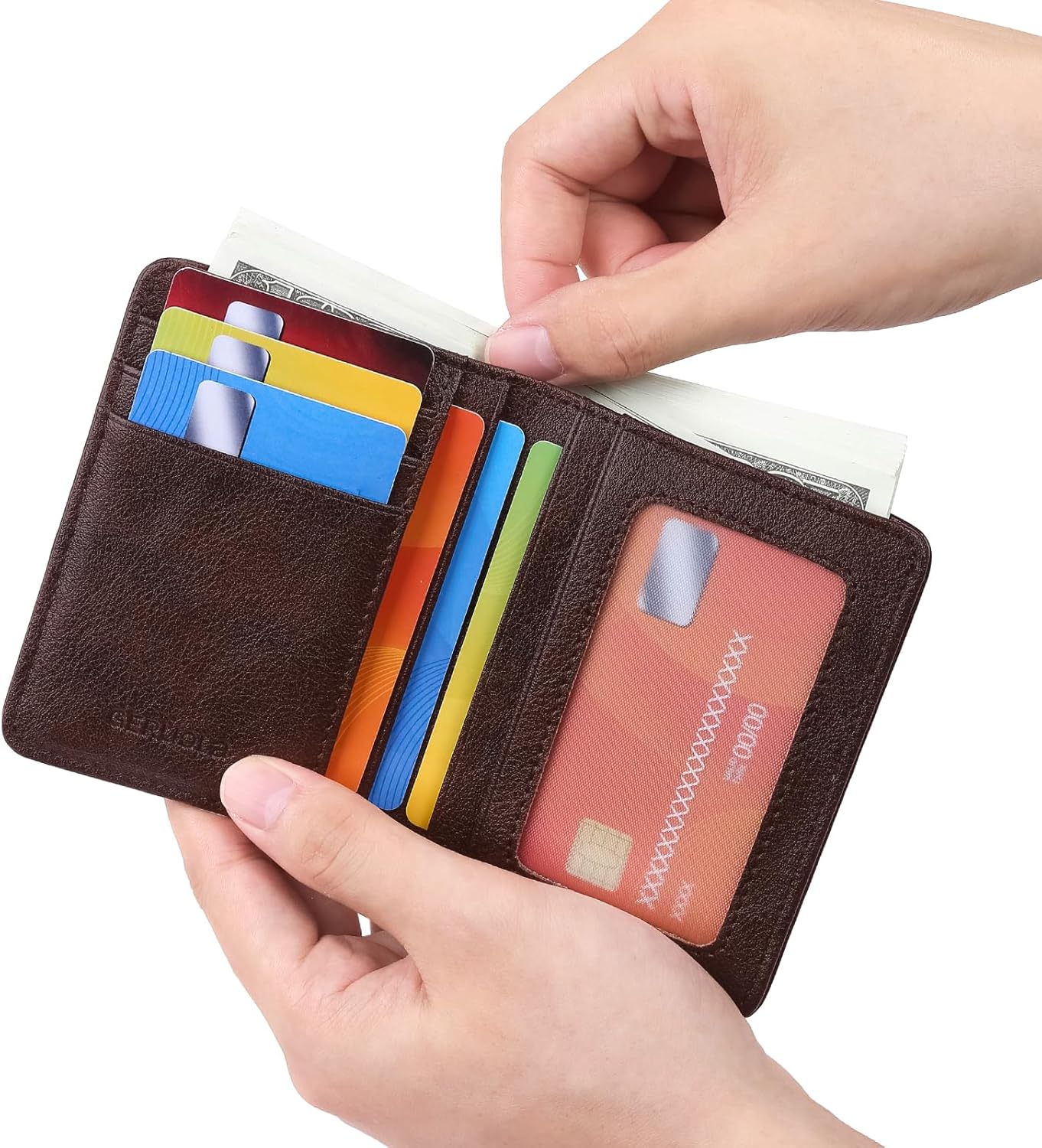 Bifold Slim Men Wallet Genuine Leather Thin, Small Vertical RFID Blocking Wallets for Men ，Compact & Stylish with Clear ID Windows (Coffee) - Image 6