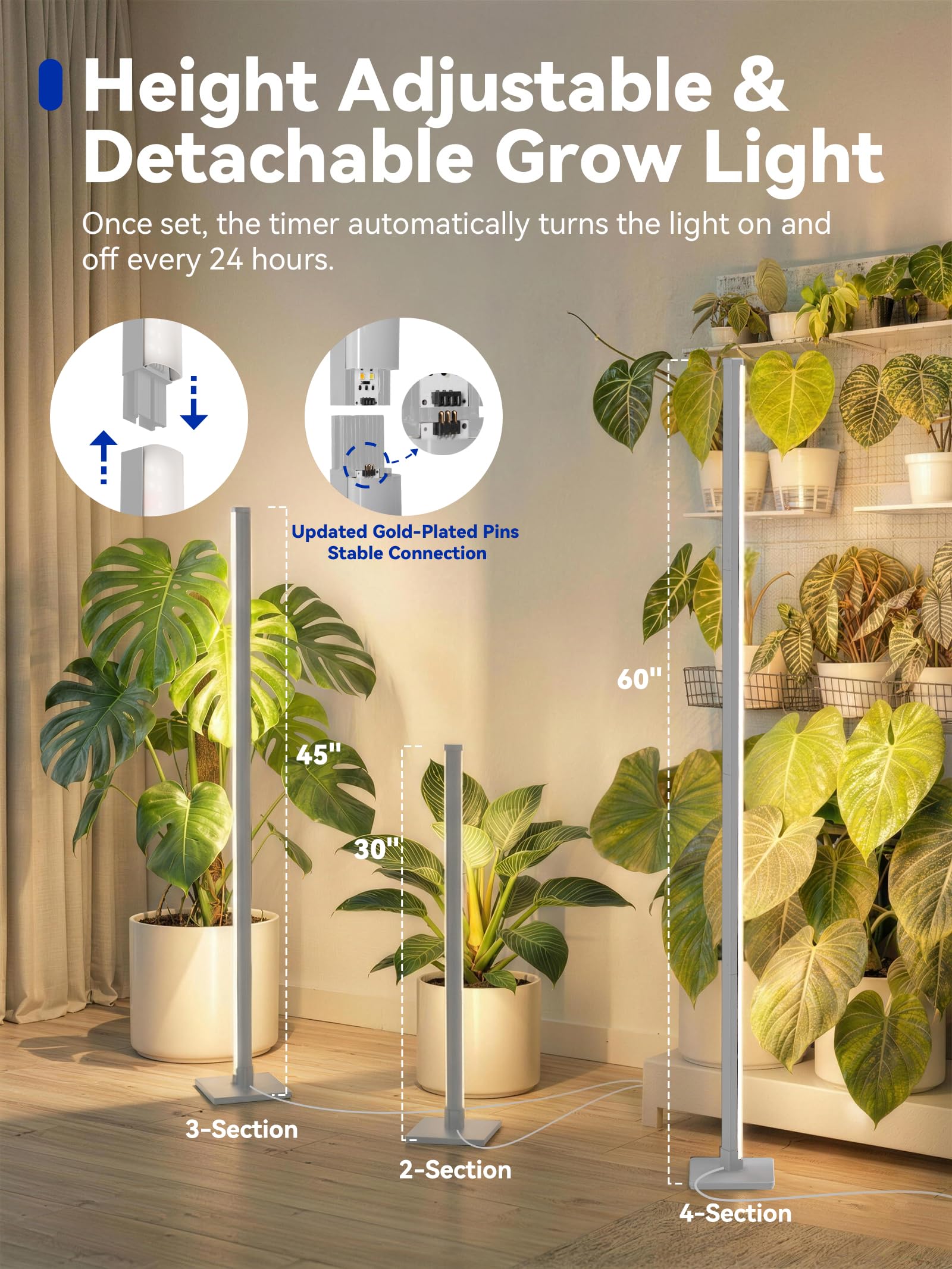 GLOWRIUM Grow Lights for Indoor Plants, 36W Vertical Plant Grow Lights with Auto-Timer, Full Spectrum LED Standing Plant Grow Light, 3 Light Modes, 6-Level Dimmable (60 in(Silver)): 60 IN