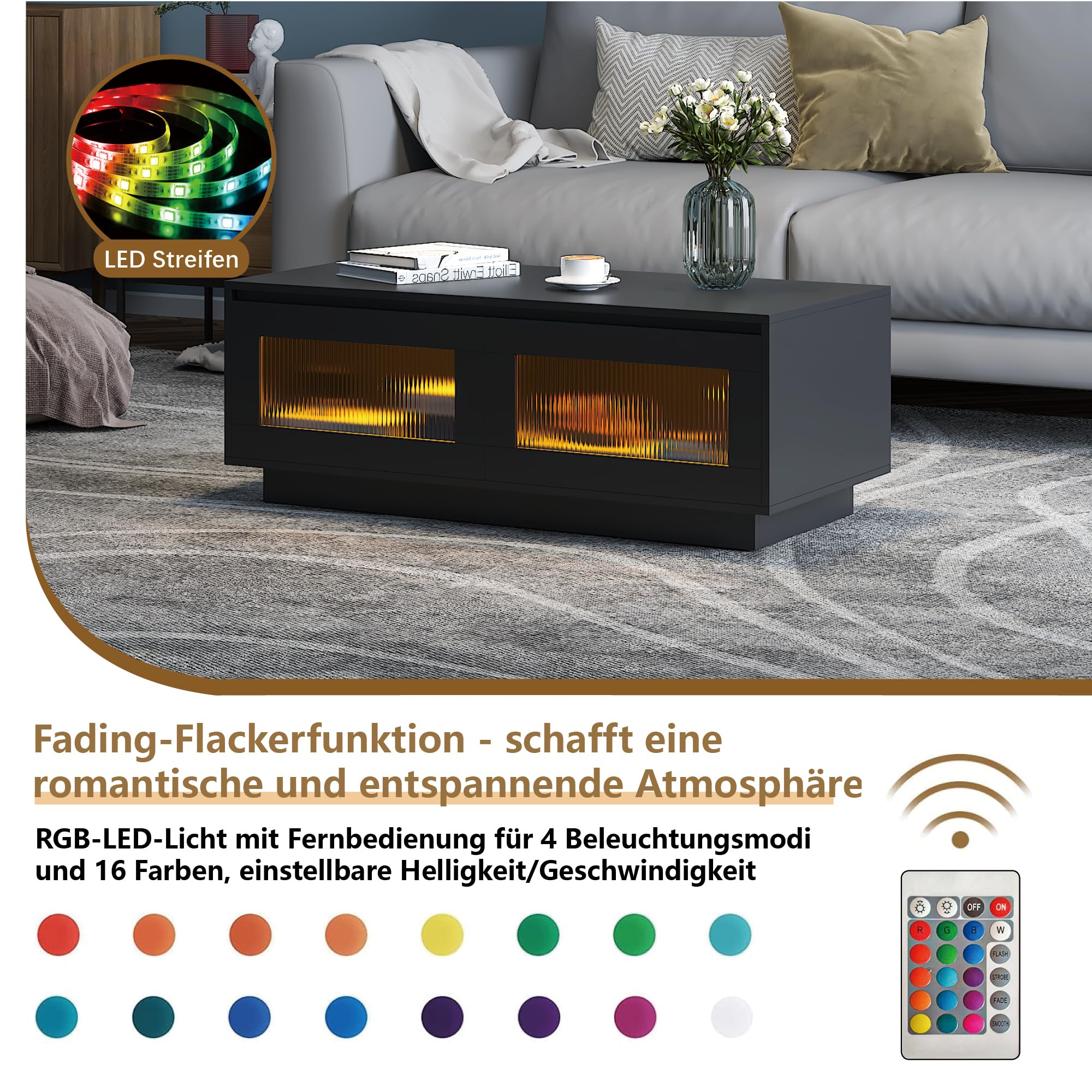 KEEPREAPER Couchtisch Wohnzimmertisch mit LED Beleuchtung, Sofatisch mit 2 Ablagefächern für Wohnzimmer, 108x50x40cm (Schwarz)