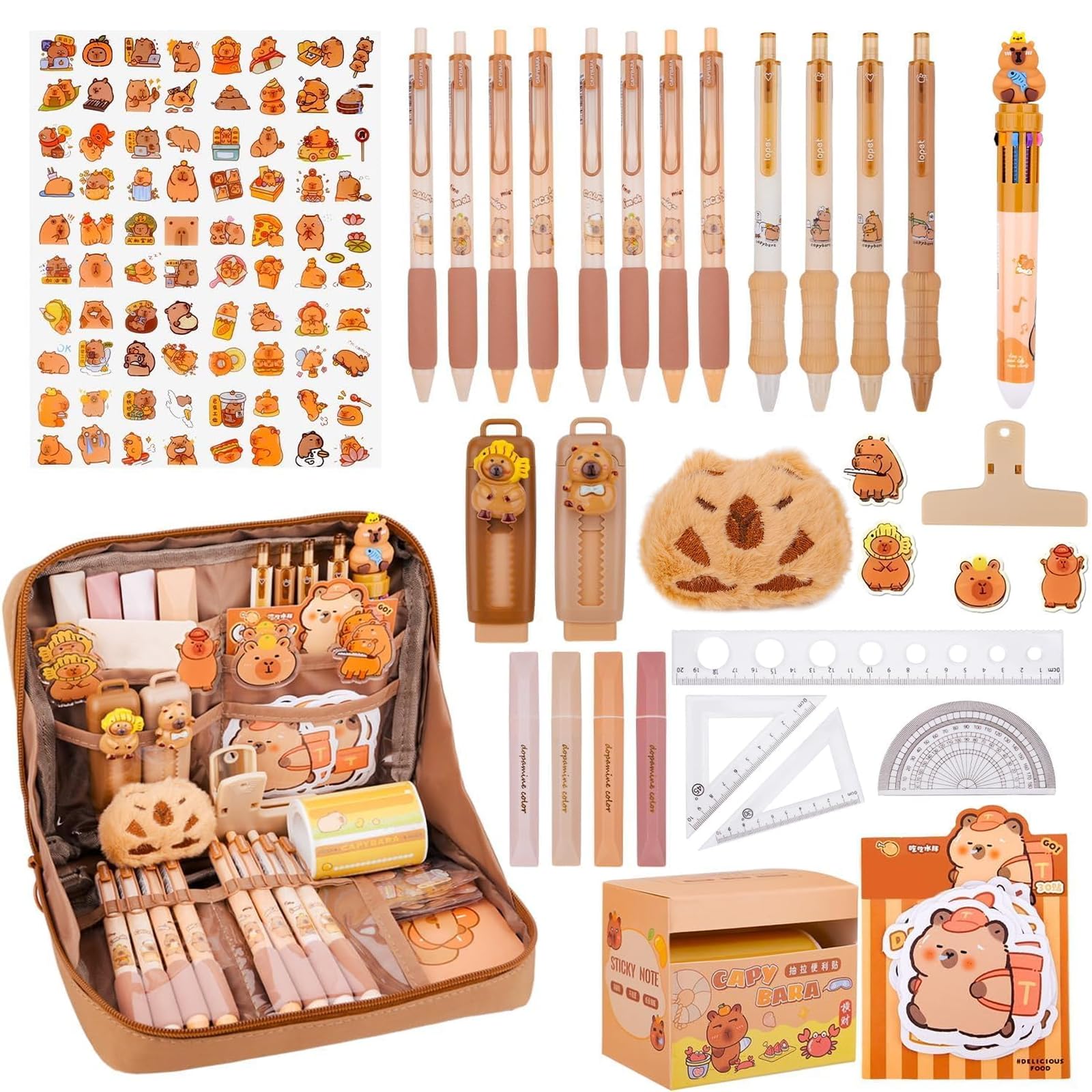 CelestiMingle Capybara Stationery Set, Cute Capybara Pencil Case with Pens, Eraser, Stickers, Keyring & Ruler, Large Capacity Multi-Layer Pencil Case for Kids Boys Girls Students School Gifts (A)