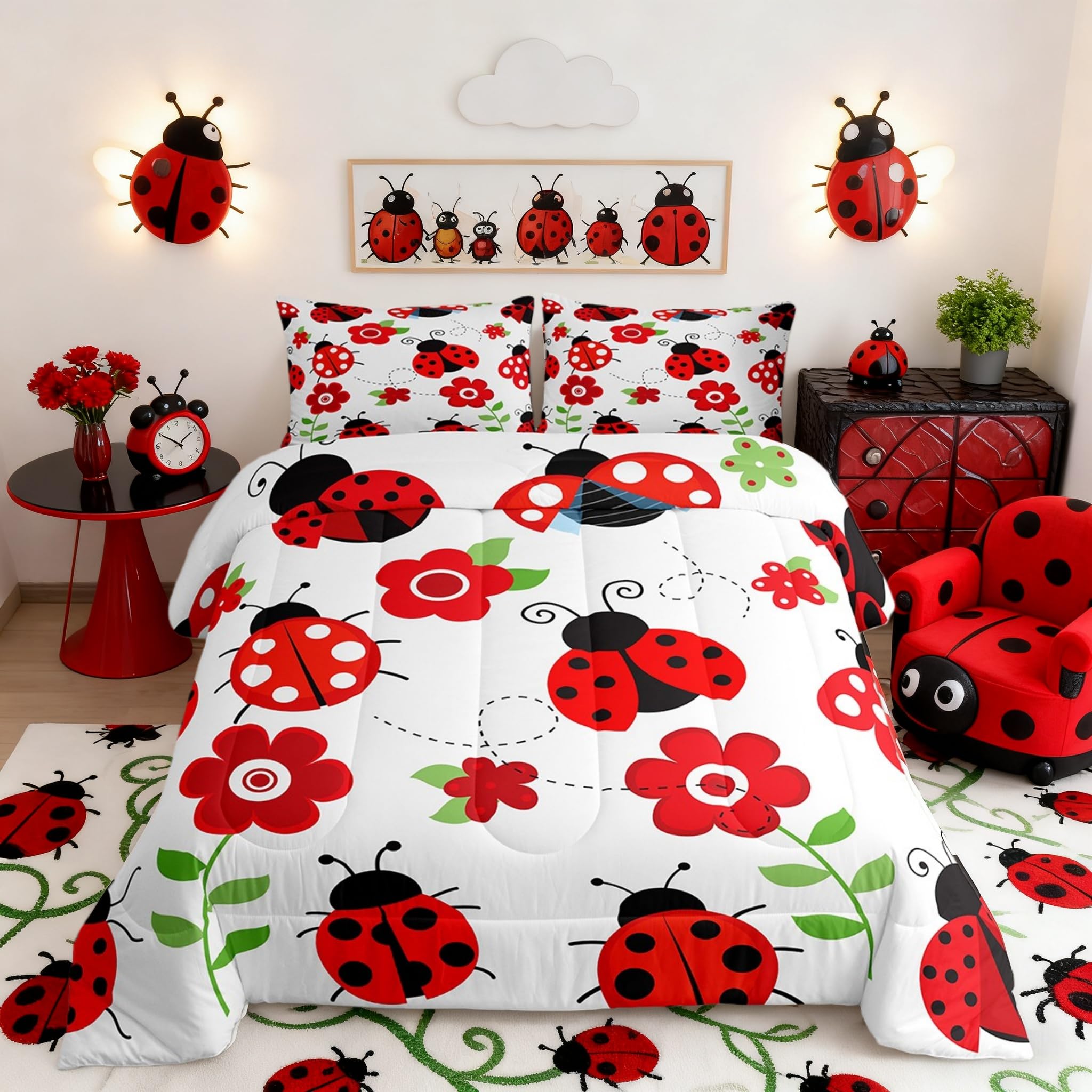 Ladybug Comforter for Boys Kids Girls Red Floral and Animal Comforter Set Full Size Home Decor Soft Cute Bug Bedding Set Entomology All Season Teens