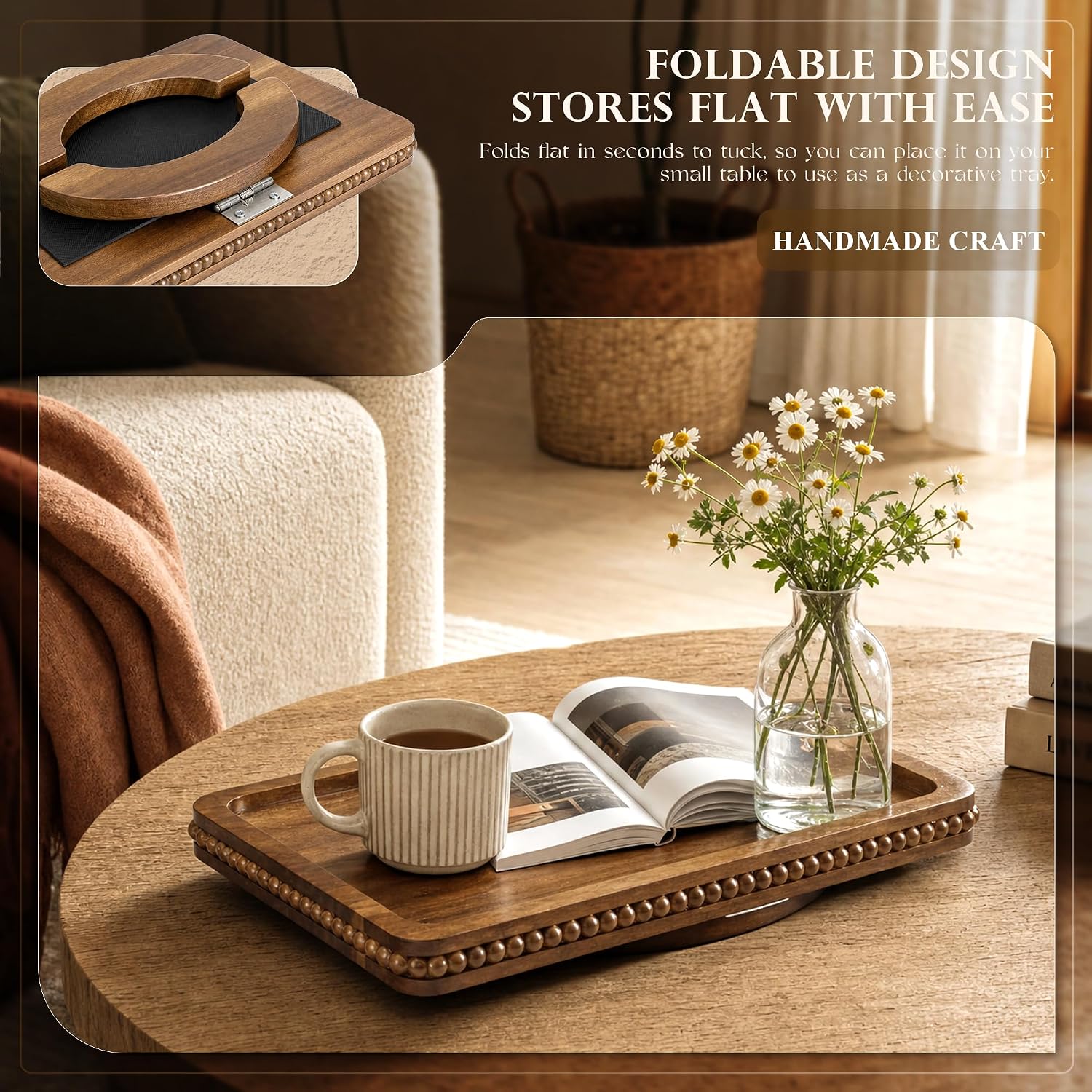 Acacia Wood Couch Tray with Beaded Edge for Home Decor - Foldable Sofa Armrest Tray as End Table - Couch Armrest Table with Anti-Slip Legs for Drink, Snacks (Acacia, 13"x9"x1")