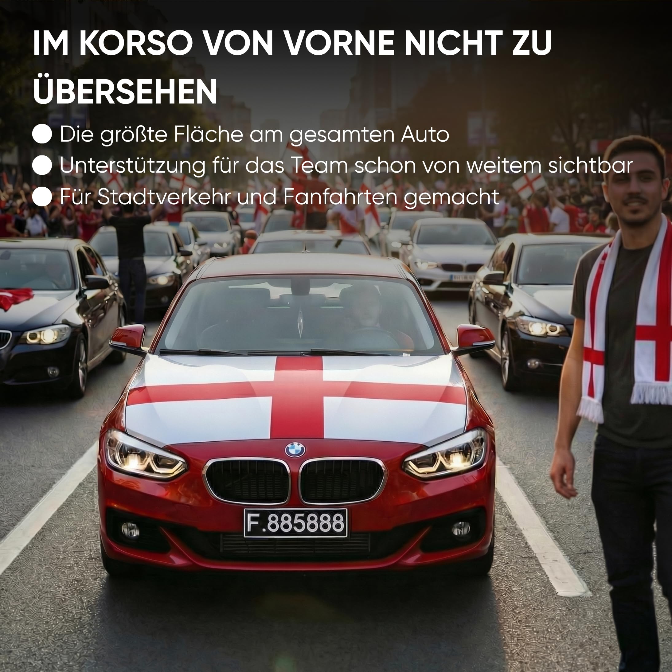Auto Fahnen England Set - Motorhaubenflagge & 2 Außenspiegelfahnen Überzieher, Autoflagge Fanartikel für Fußball EM & WM, Englische Flagge Fahrzeug Deko