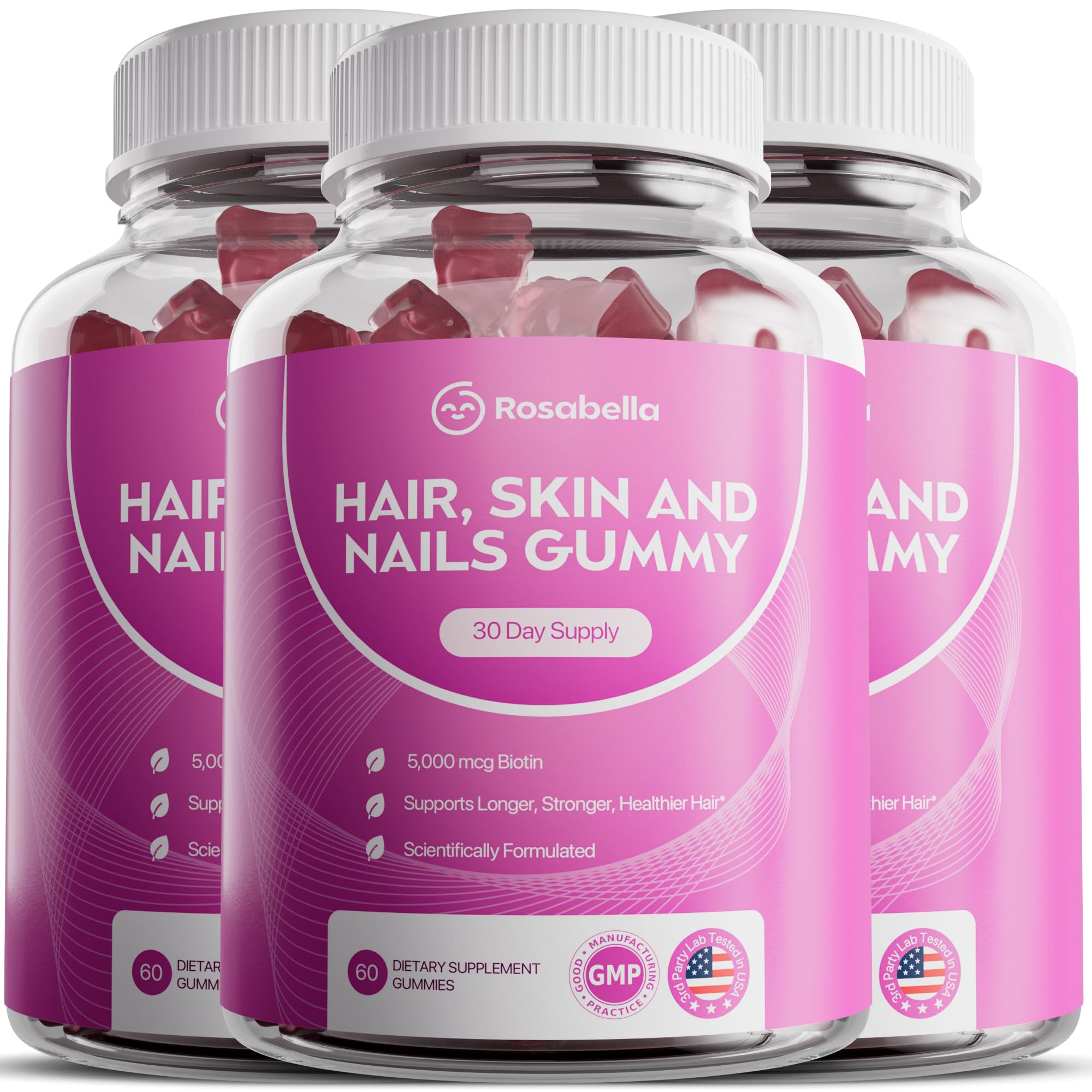Rosabella Hair Growth Gummies for Women &amp; Men – Vegan Hair Gummies with 5000mcg Biotin – Hair Vitamins for Strong, Healthy-Looking Hair – Gummy Biotin Supplement (60 Count (Pack of 3))