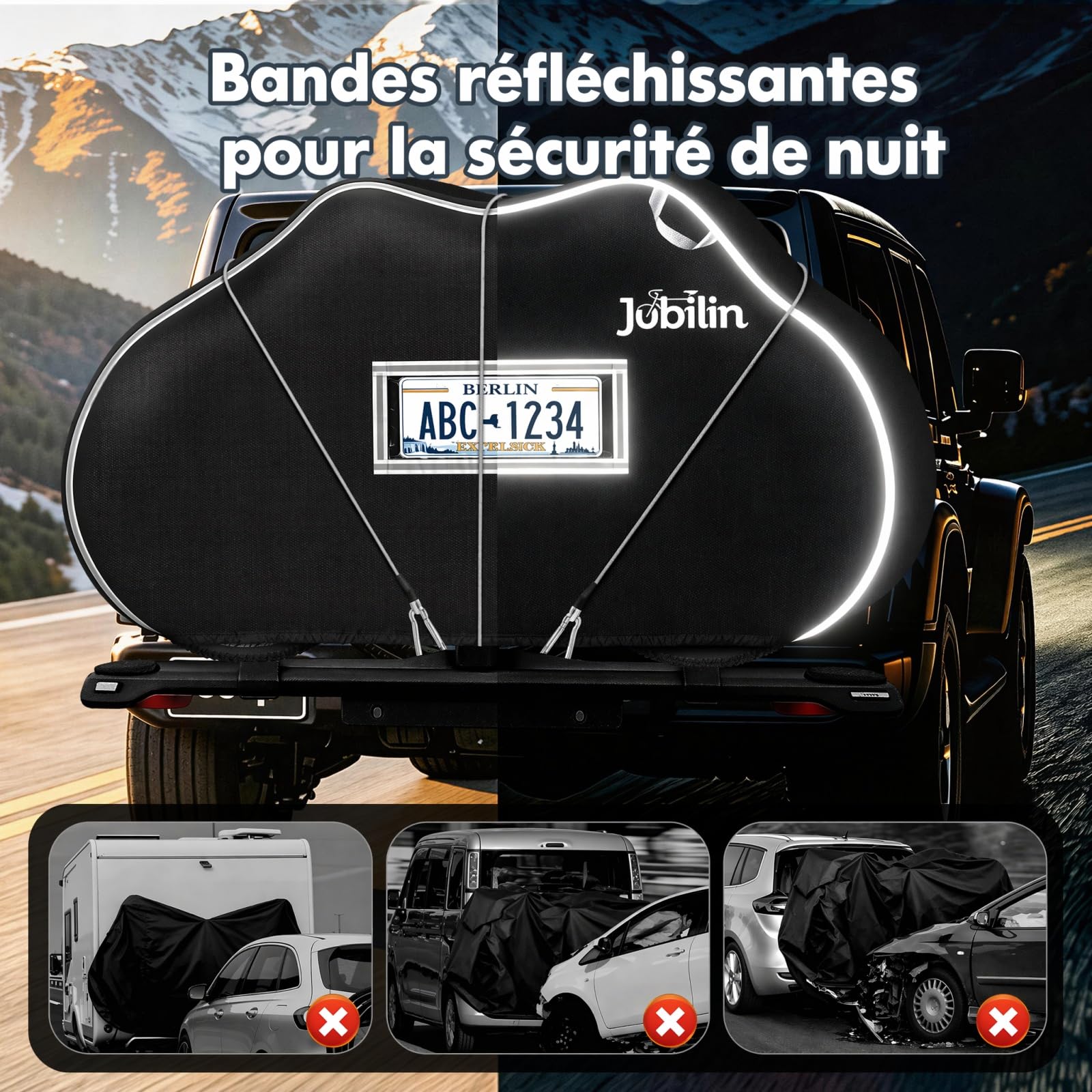 Housse de vélo pour 2 vélos, 900D, imperméable et indéchirable, avec corde élastique de 6 m, bandes réfléchissantes en PVC, poche de plaque d'immatriculation, housse de protection pour porte-vélos