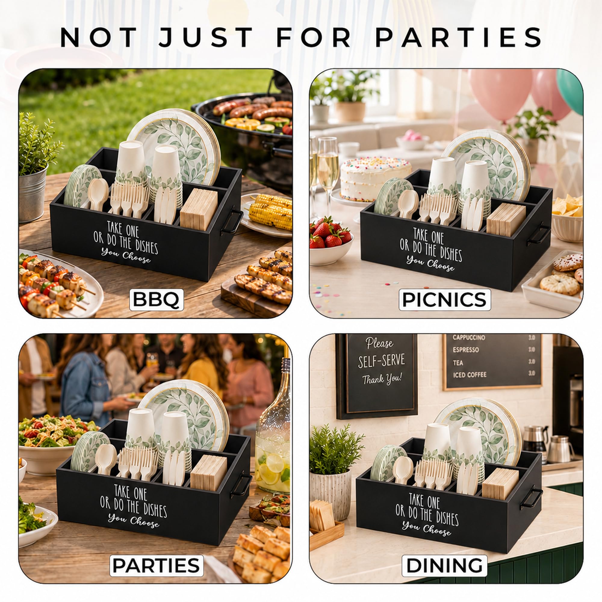Soporte para platos de papel, organizador de cubiertos de plástico, dispensador de utensilios de plástico para fiestas, bufés, camping, barbacoa, cuchara, tenedor, cuchillos, platos, vasos