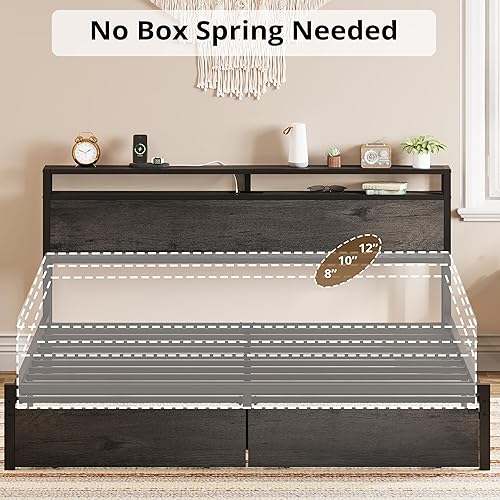 Miniatura 15 de LIKIMIO Base de cama Queen con cabecera de almacenamiento, cama de plataforma con cajones y estación de carga, no necesita somier, fácil montaje,
