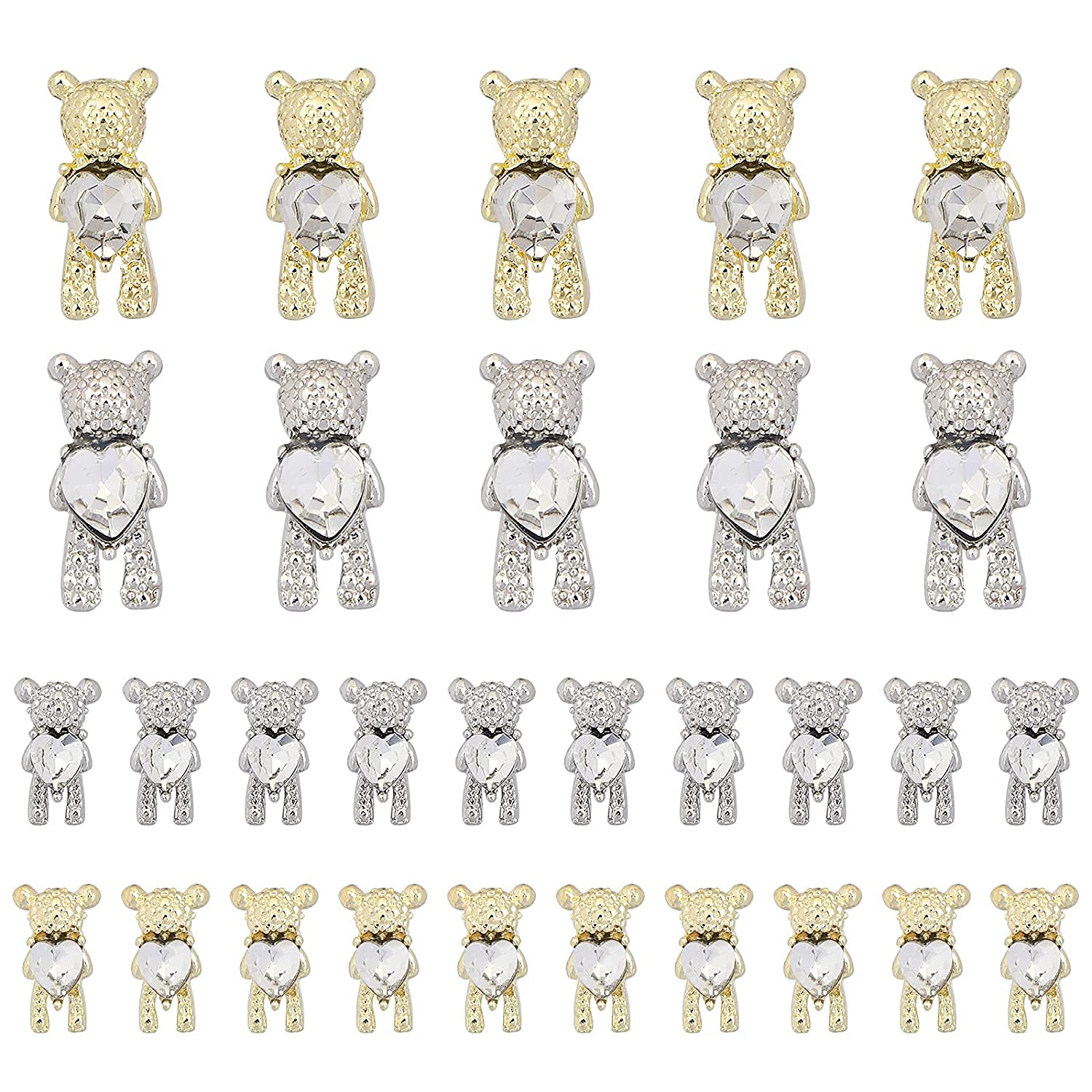 Shiny Alloy Bear Nail Art Decoration with Luxury Heart Crystal 3D Gold and Silver Bear Nail Rhinestones Nail Art Diamond Design DIY Manicure Ornaments Accessories 30 Pcs