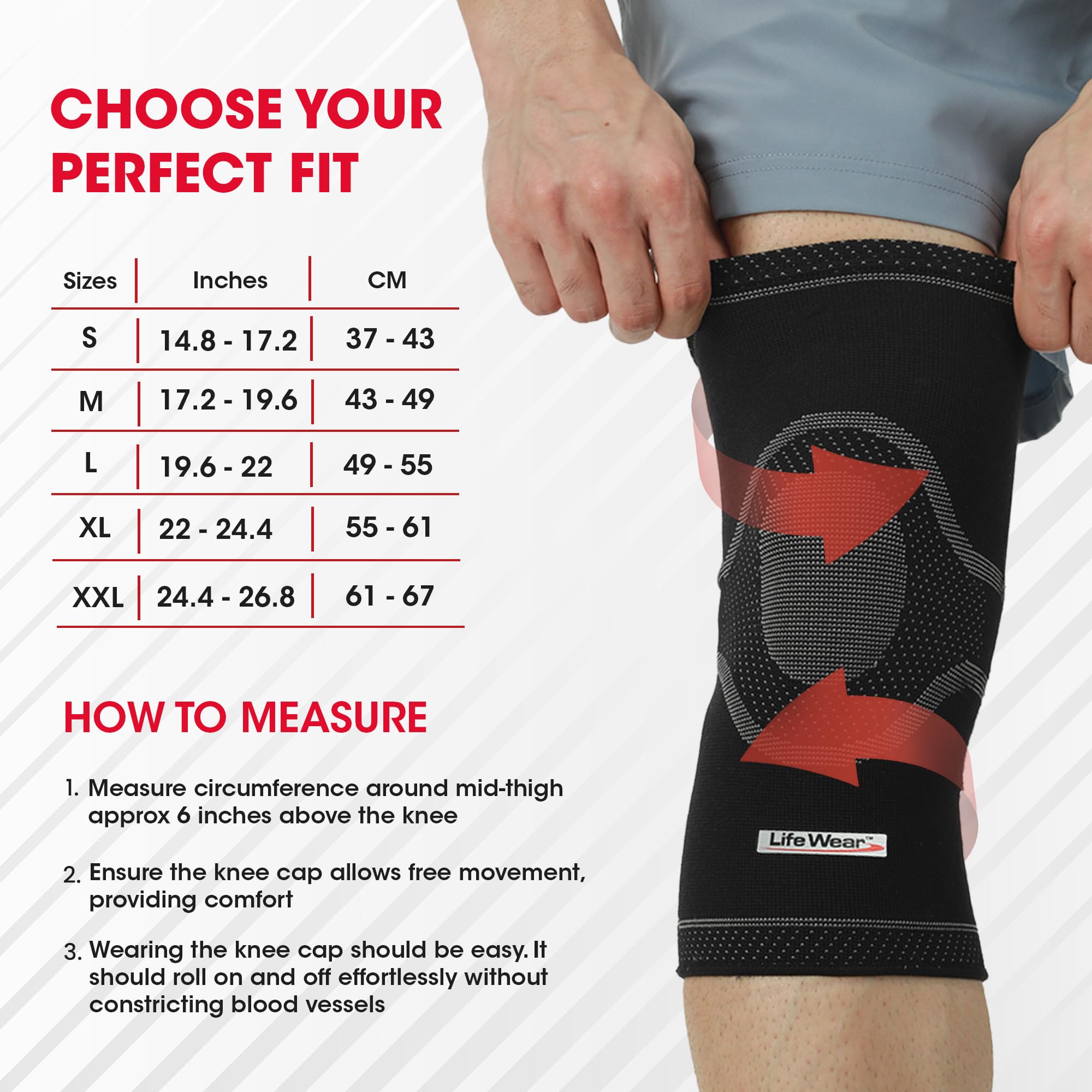LifeWear Knee Cap, Knee Sleeves for Pain Relief, Provide Optimum Compression and Support During Gymming and Running, Lightweight and Stretchable, For Daily Activities, For Men and Women, Size (M) - Pack of 2 - Image 4 thumbnail
