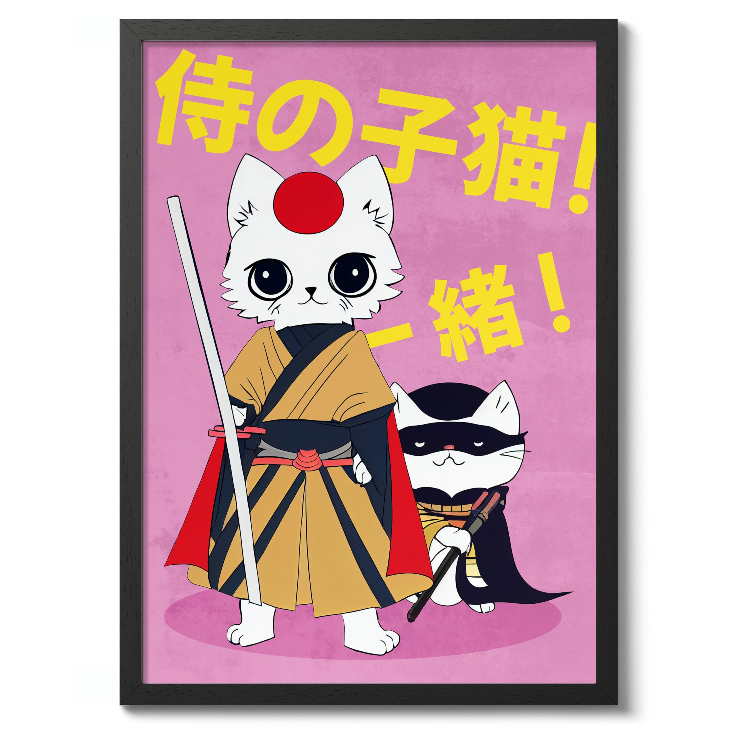 Samurai Kittens Anime Cat Woodblock Poster Modern Woodblock Print, Cartoon Manga Kitten Wall Art Decor, Modern Japanese, Cat Lovers, A3 (Black Frame) - 45x32.8cm