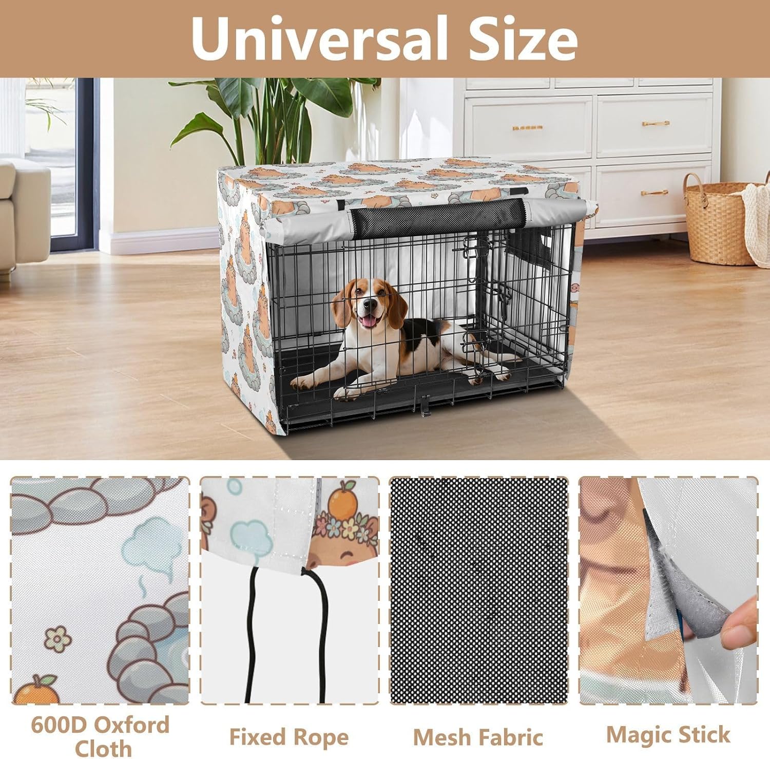 Duty 600D Silver Coated Dog Crate Cover, Water-Resistant Capybaras Print Pet Kennel Canopy with Mesh Windows for Optimal Ventilation, Universal Fit for Standard Wire Cage, Indoor & Travel