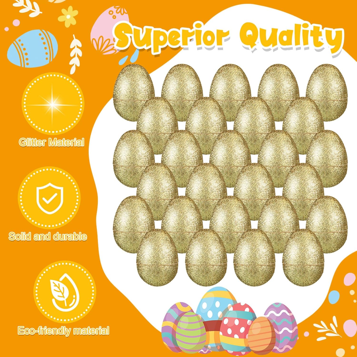 24 Pcs Glitter Easter Eggs Plastic Easter Fillable Hinged Eggs Bulk 2.3 Inch for Hunt Basket Stuffer Surprise Party Favor Treats Gifts (Gold)